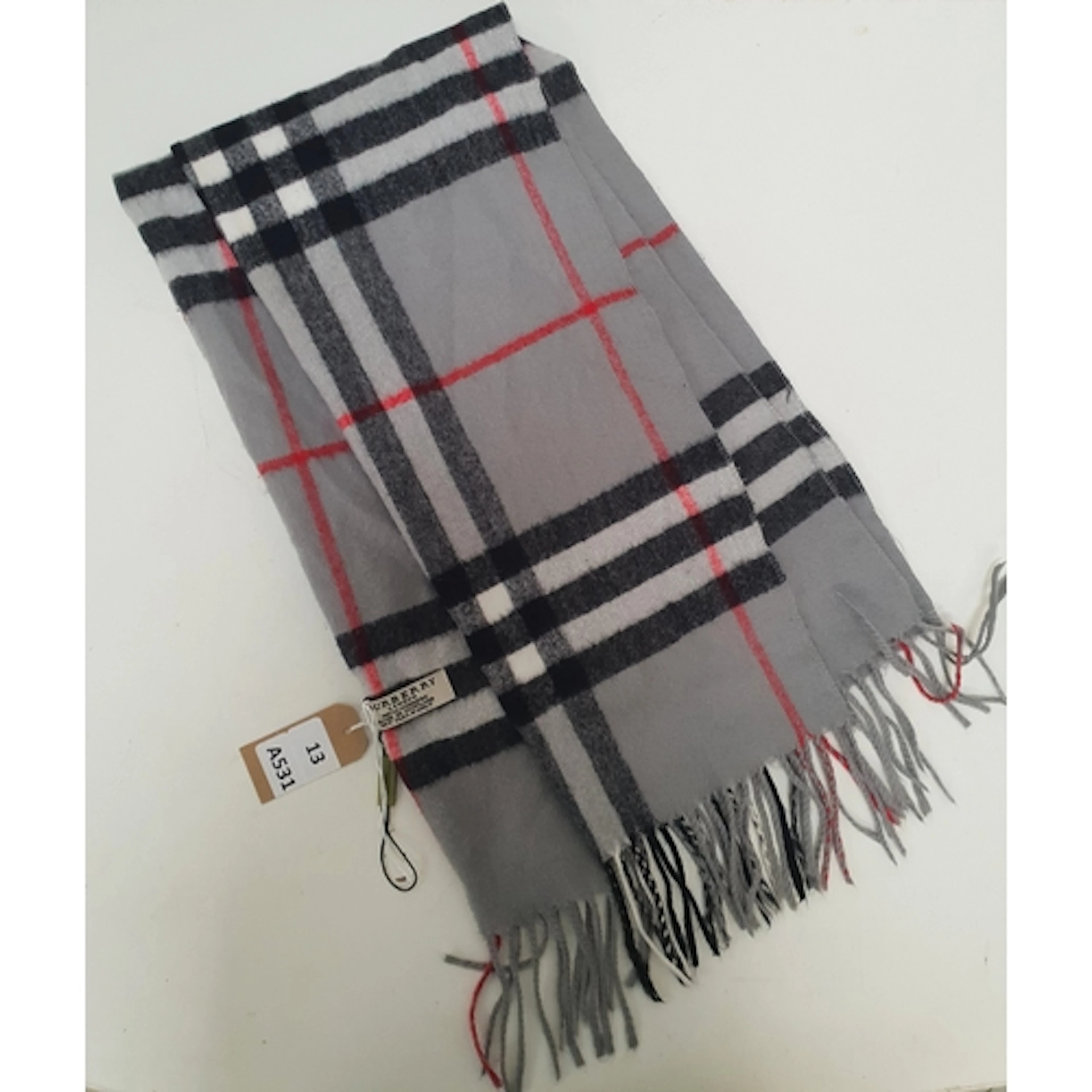 BURBERRY LONDON SCARF/ 100% CASHMERE/ TARTAN GREY, BLACK & R...