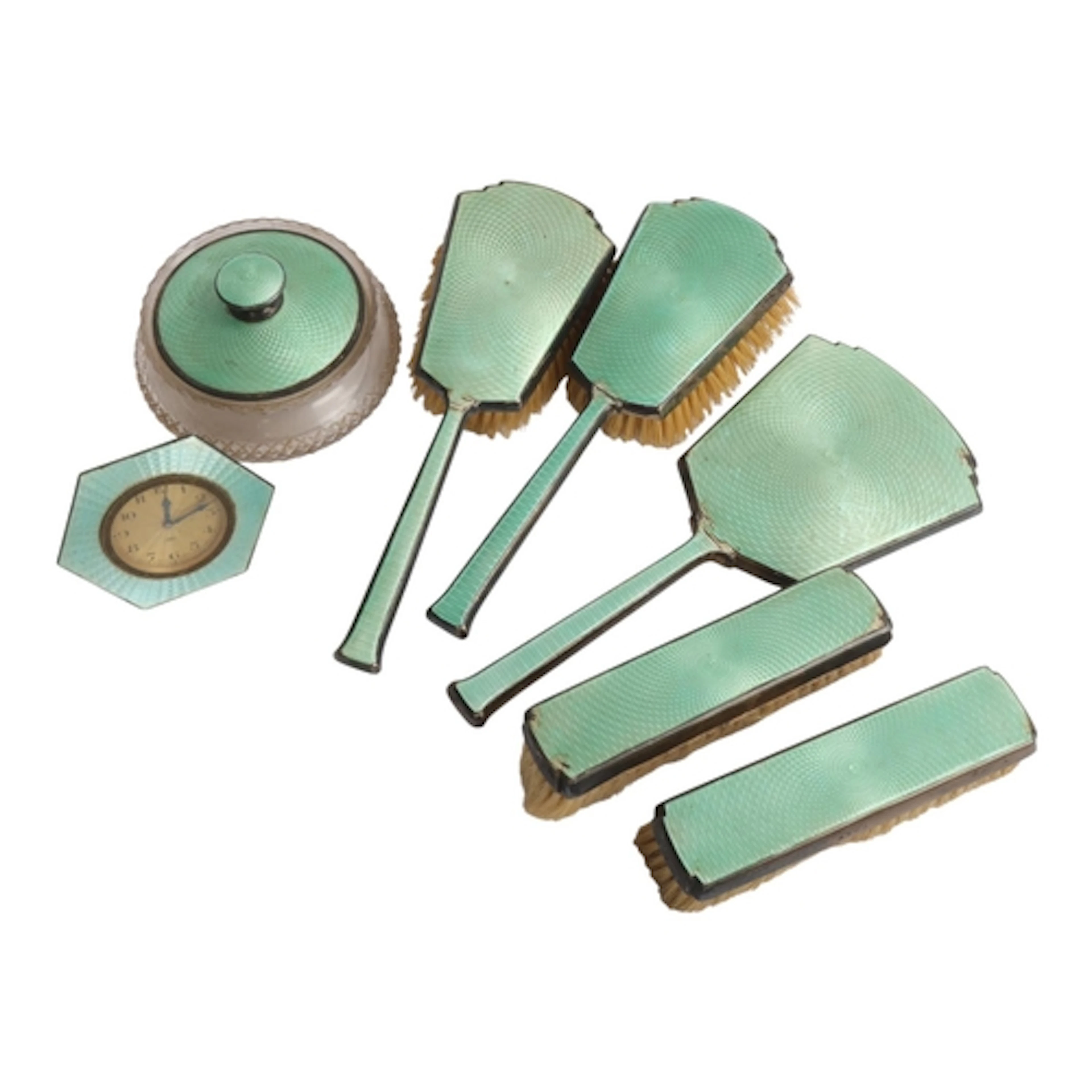 An Art Deco George V silver green enamel 7-piece dressing ta...
