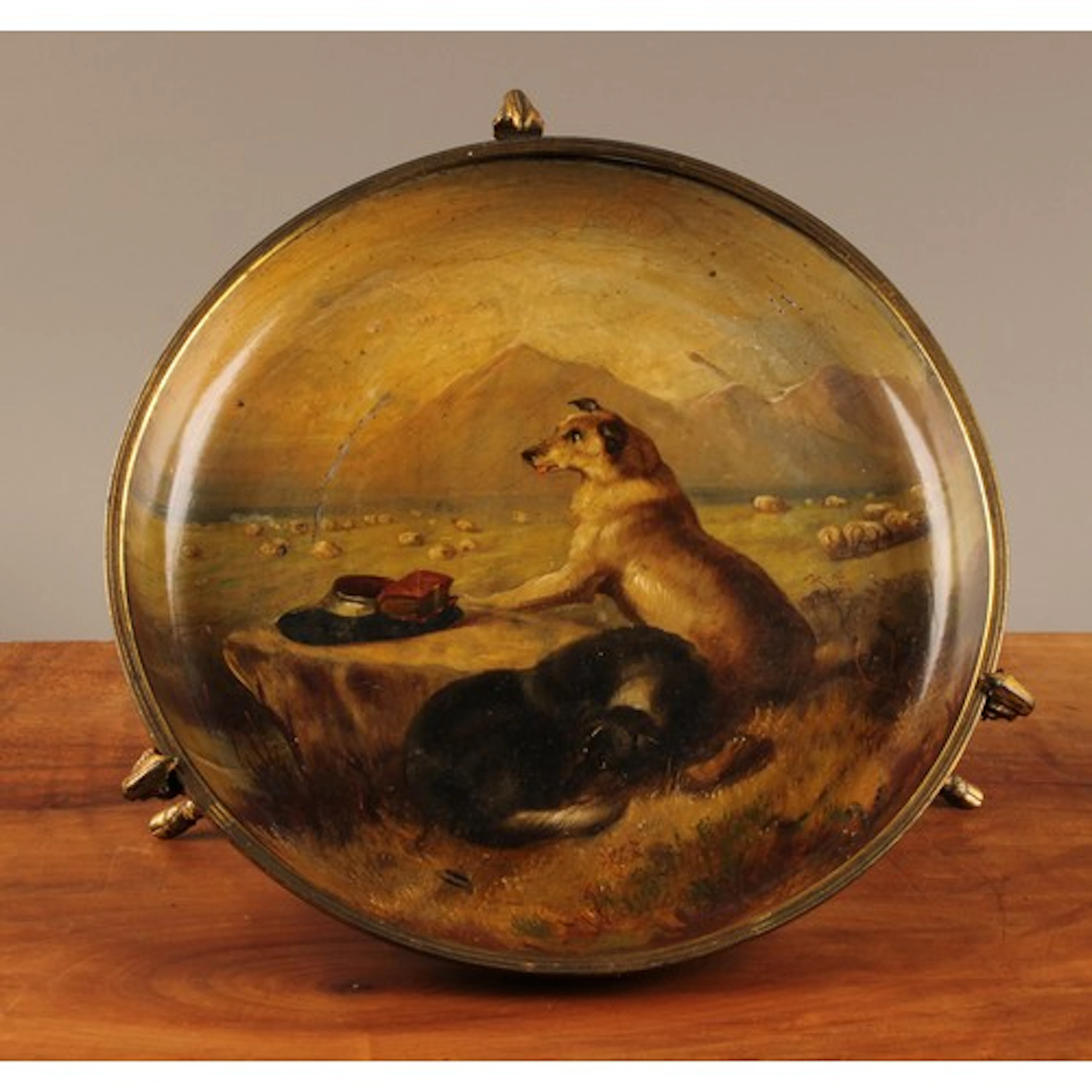 A 19th century papier-mache and brass mounted comport, the c...