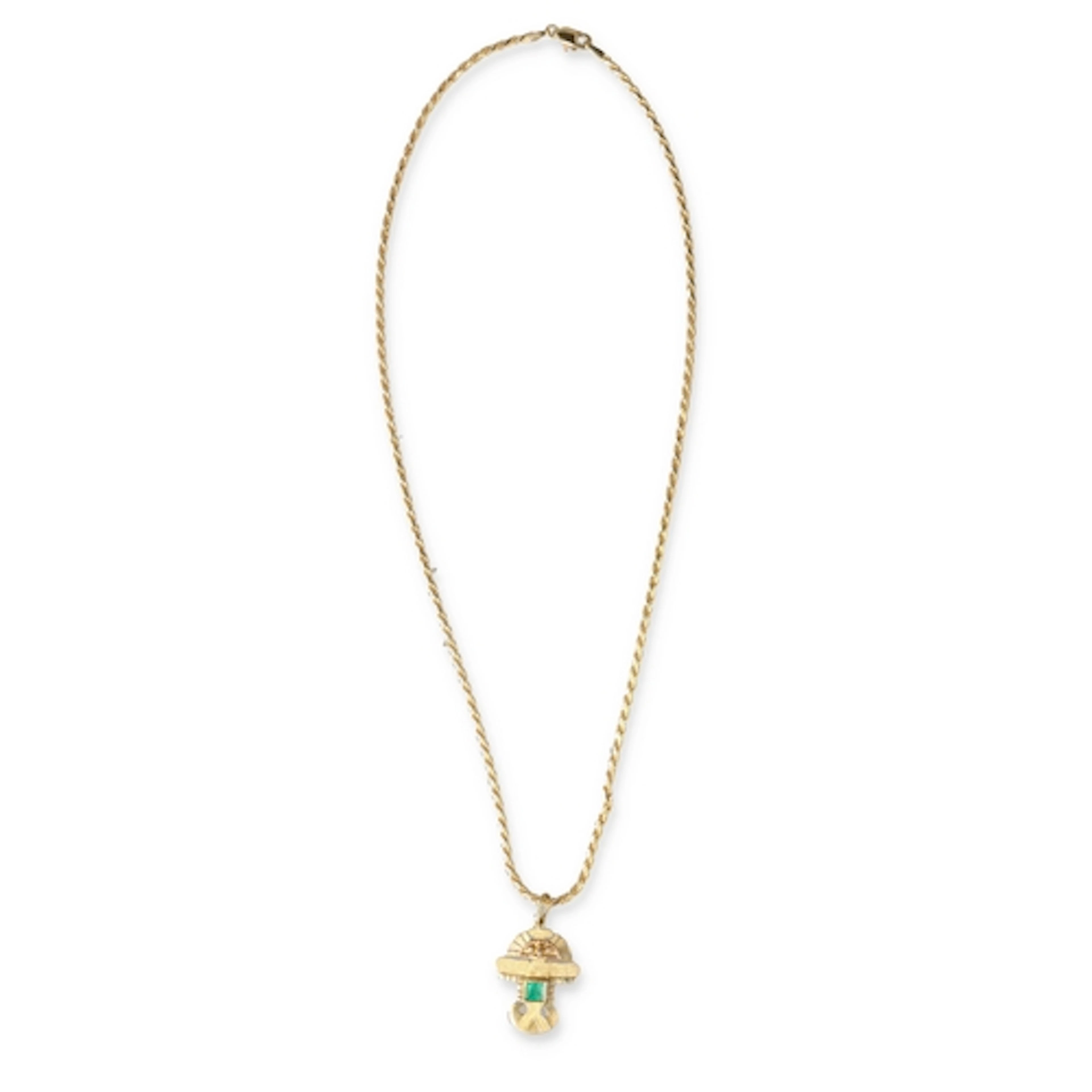 AN 18CT GOLD AZTEC STYLE PENDANT NECKLACE, SET WITH AN EMERA...