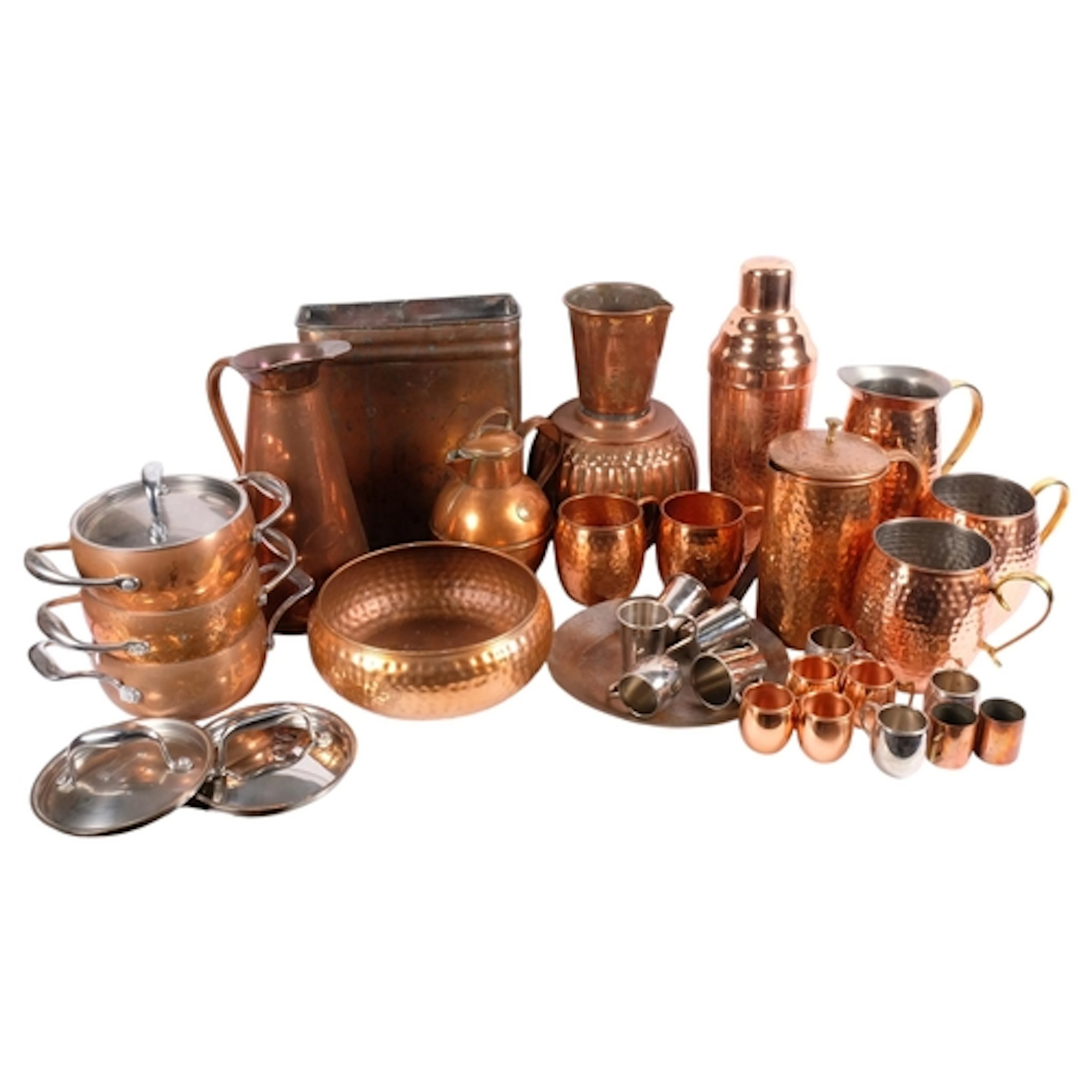 A box containing a large variety of brass and copperware, in...