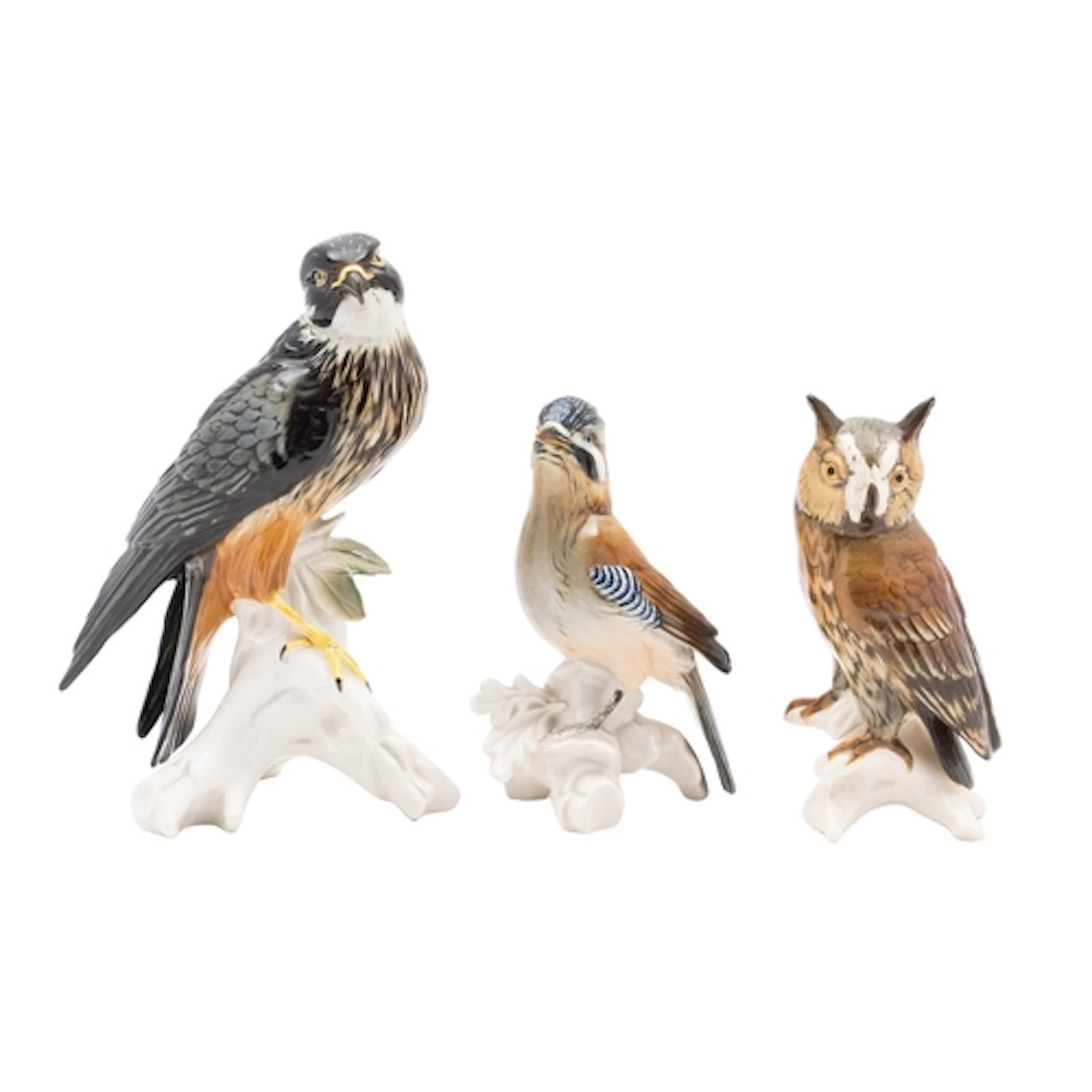 Three Karl Ens porcelain bird figures comprising a Kestrel, ...