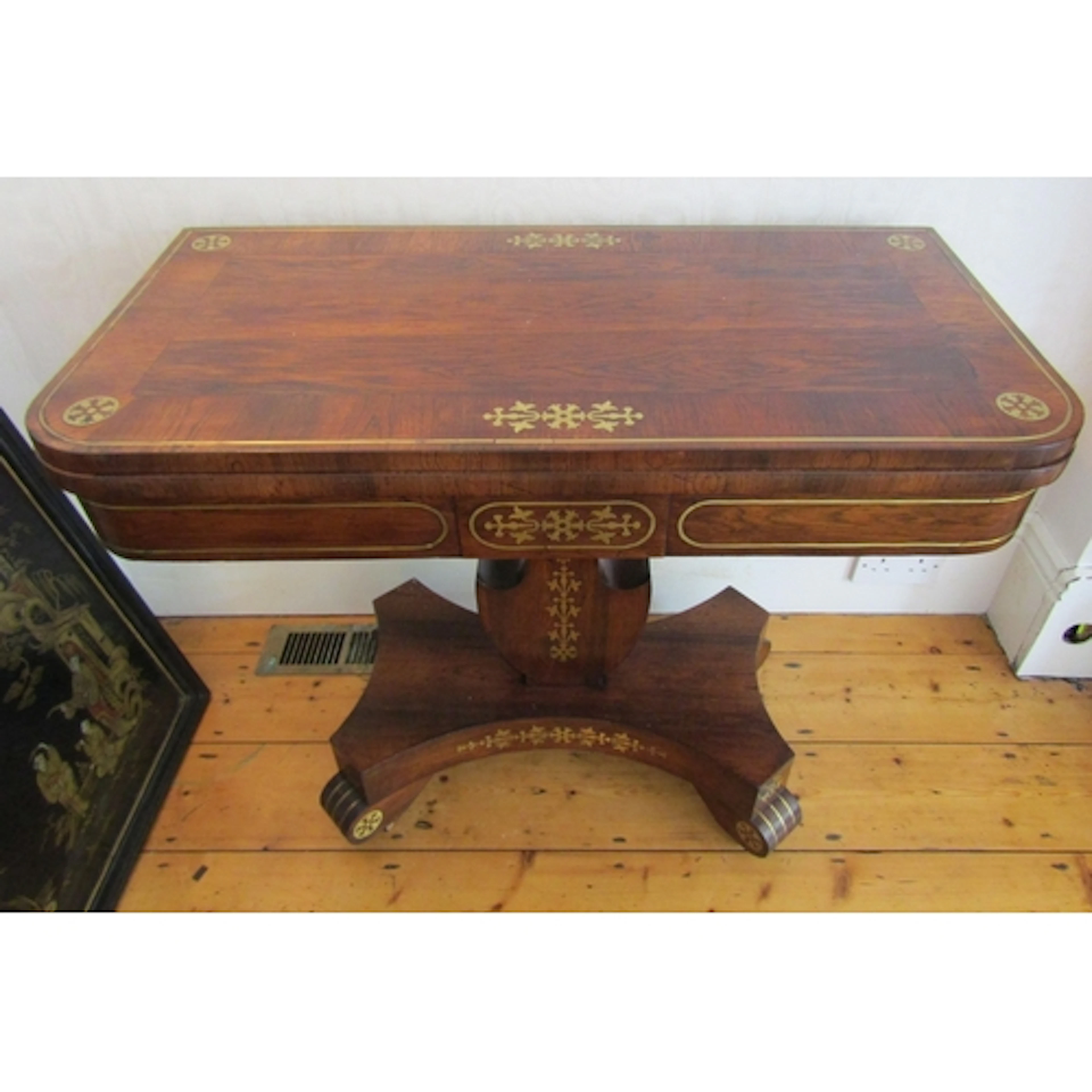William IV Rose Brass Inlaid Rosewood Foldover Games Table C...
