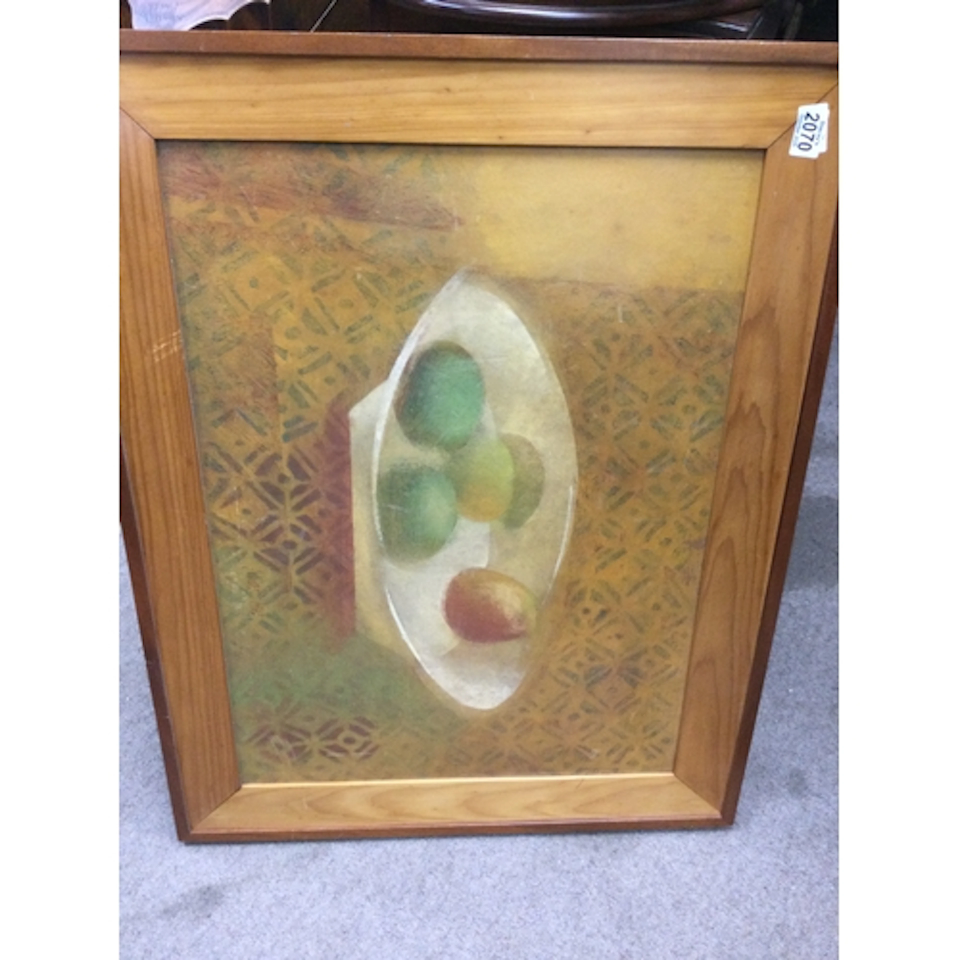 Framed oil on board depicting fruit in a bowl, signed Scliar...