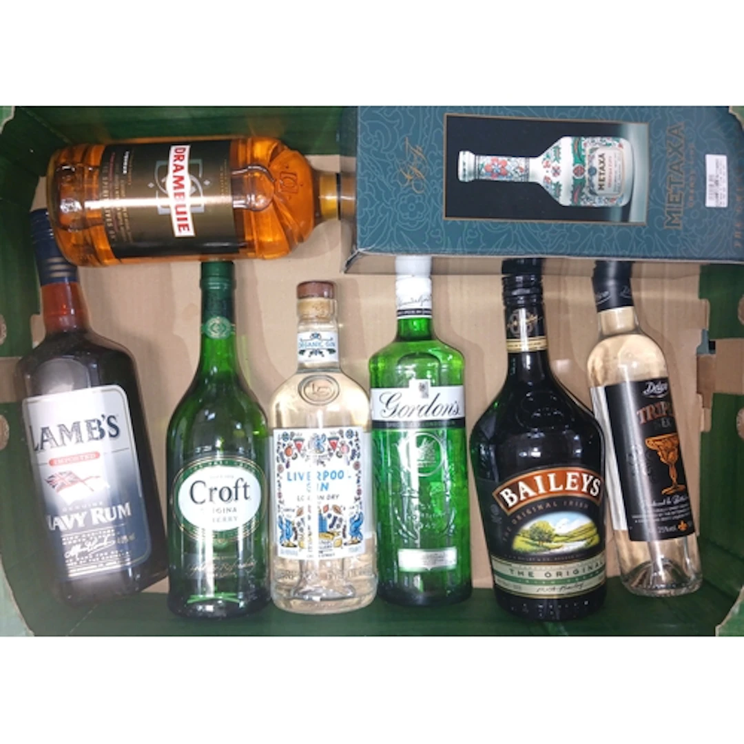 A box of assorted spirits and liqueurs.
