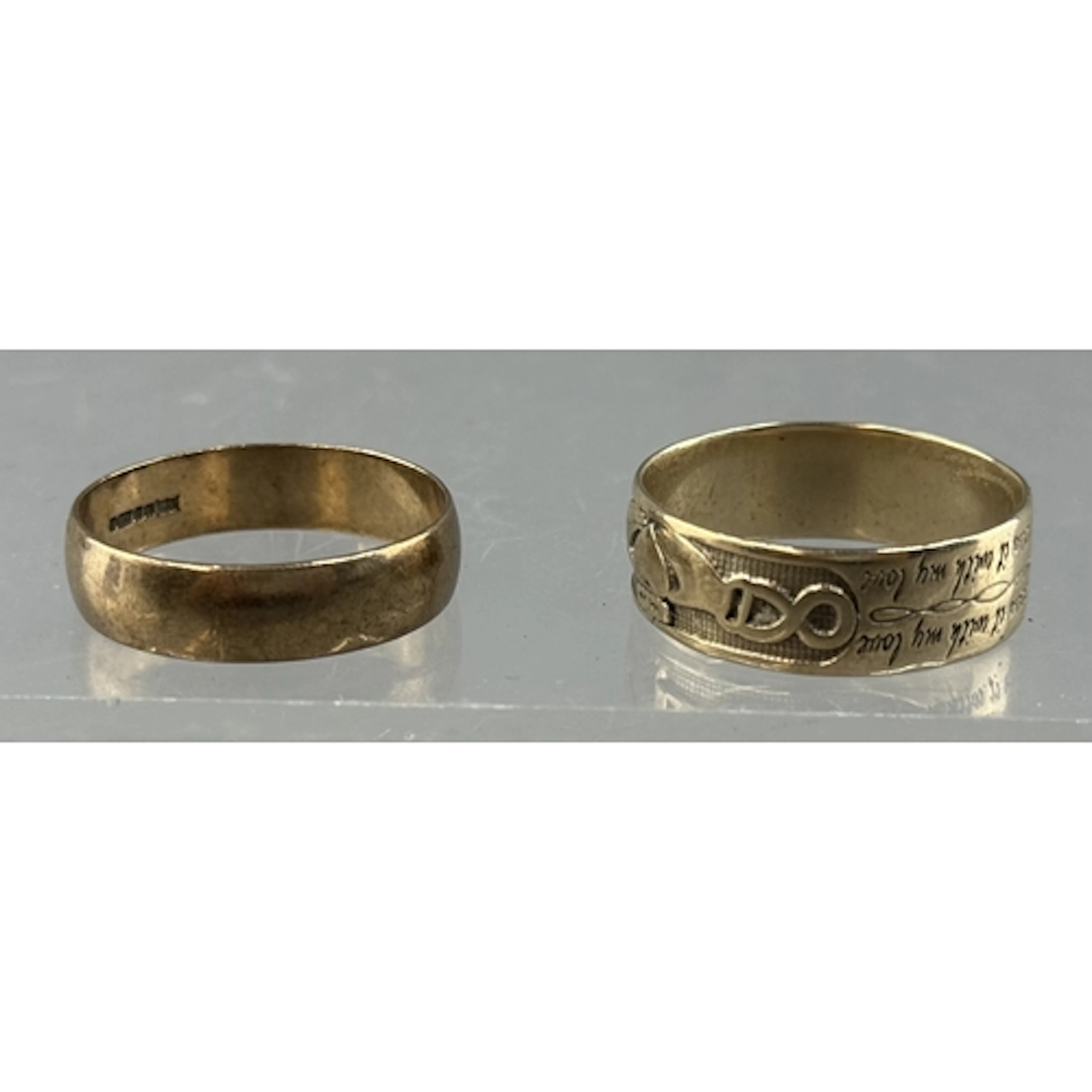Jewellery: two 9ct yellow gold wedding bands, one plain, UK ...