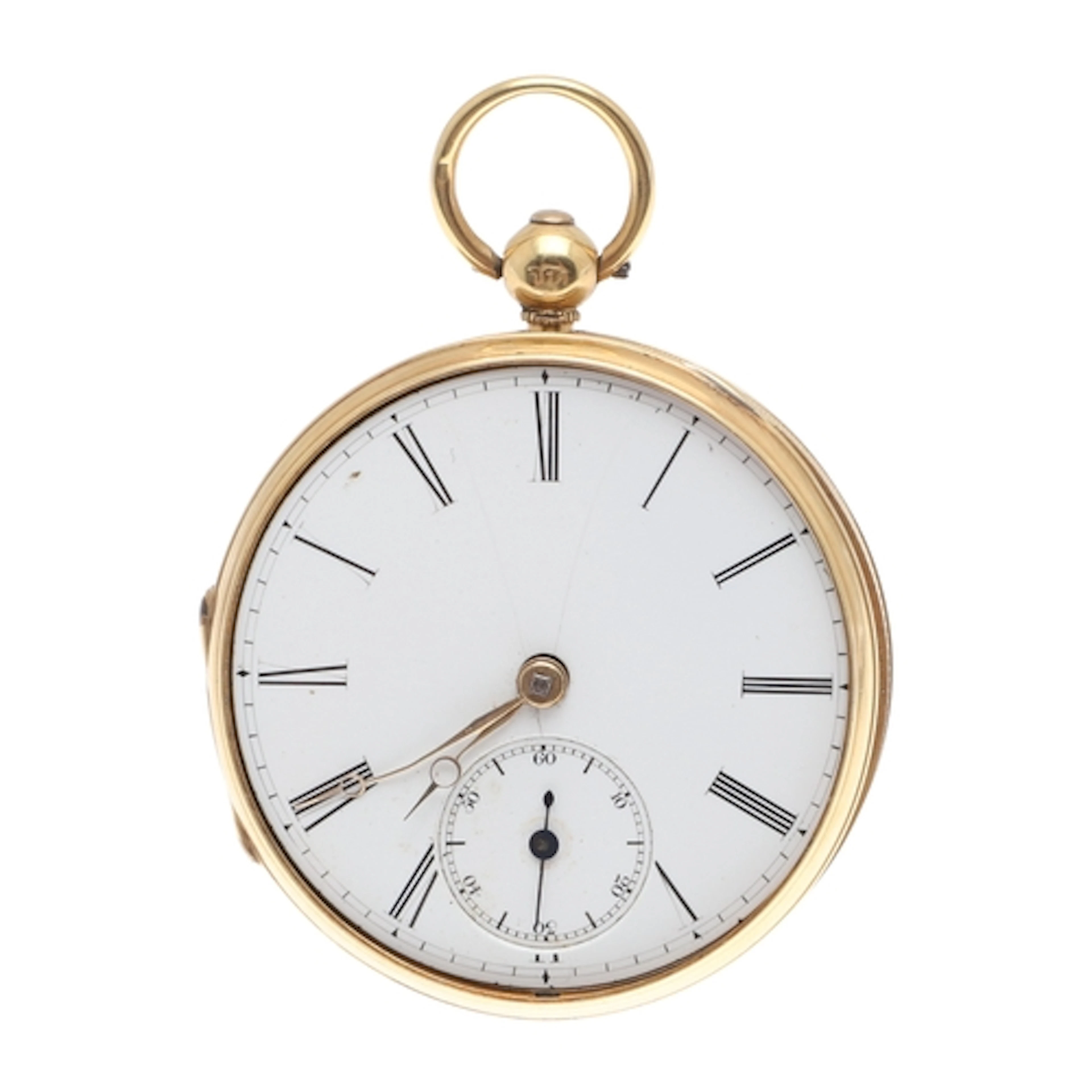 AN 18CT GOLD OPEN FACED POCKET WATCH. the white enamel dial ...