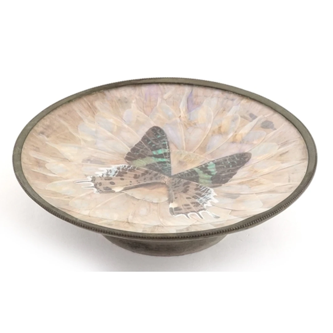 White metal butterfly wing circular dish, 17cm in diameter.
