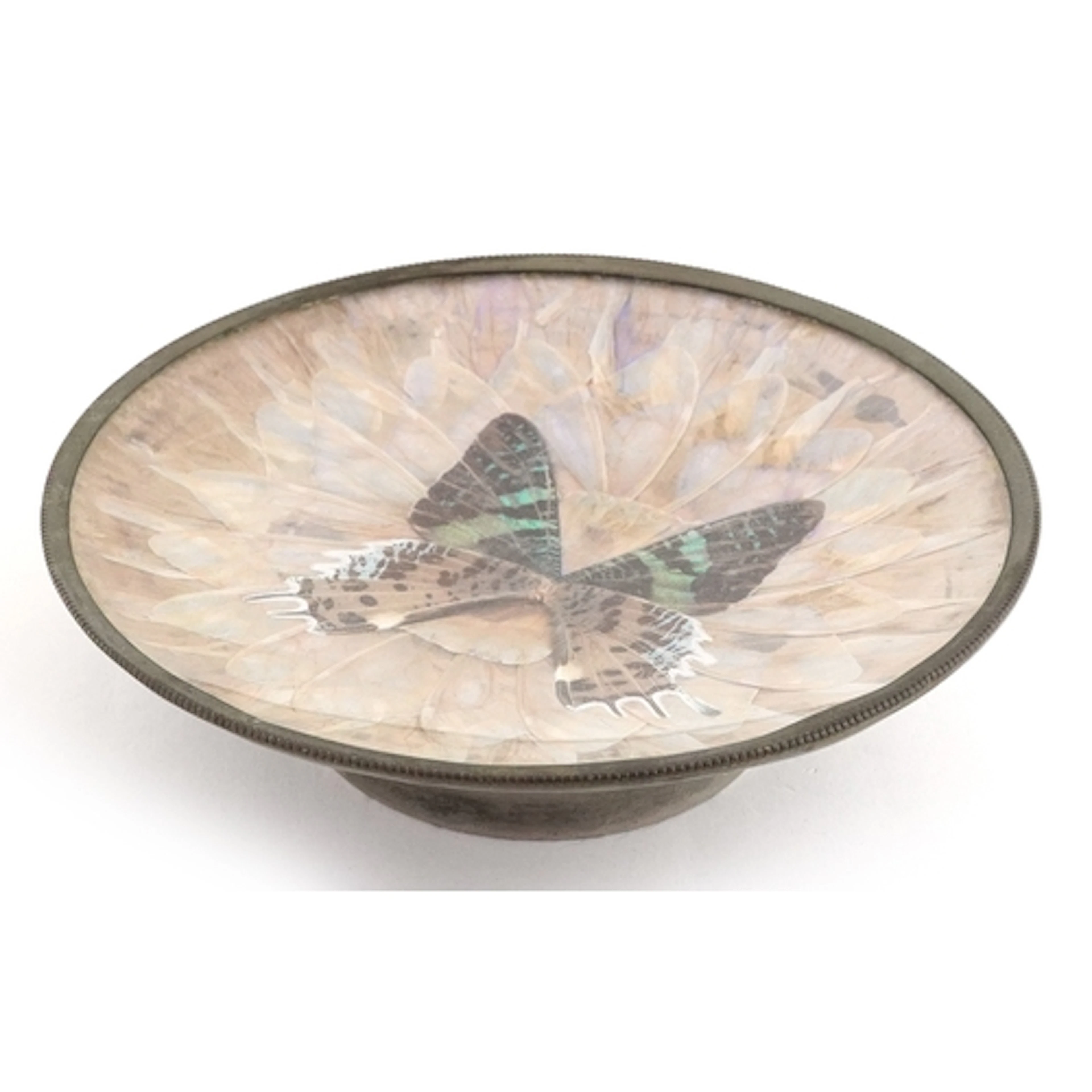 White metal butterfly wing circular dish, 17cm in diameter.