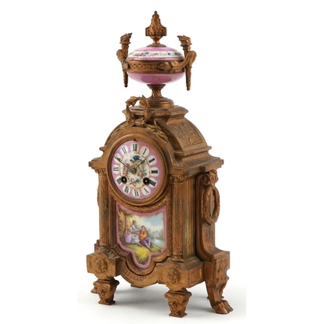Henry Marc of Paris, French gilt metal and porcelain mantle ...