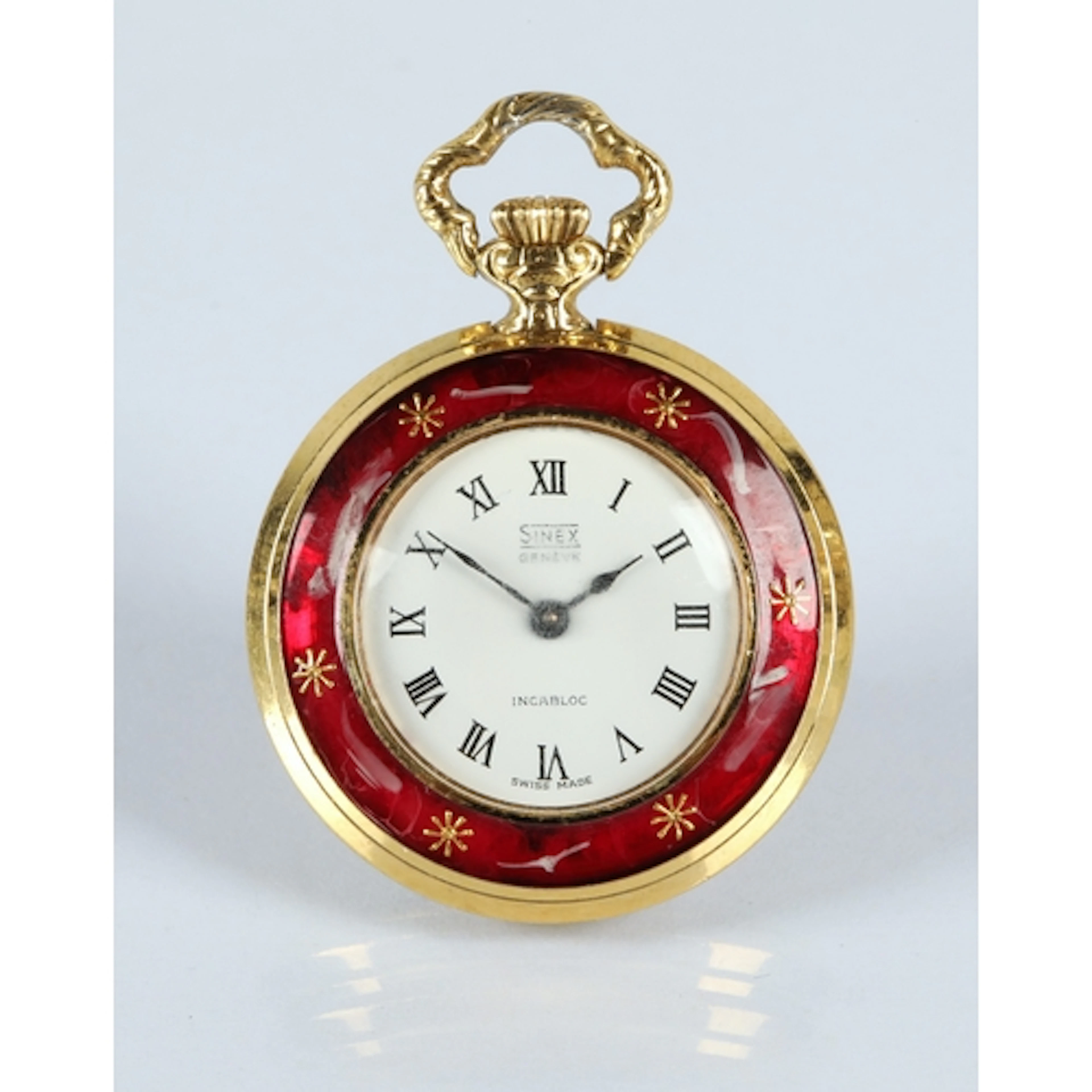 Sinex Geneve Incabloc deep red guilloche enamel pendant fob ...