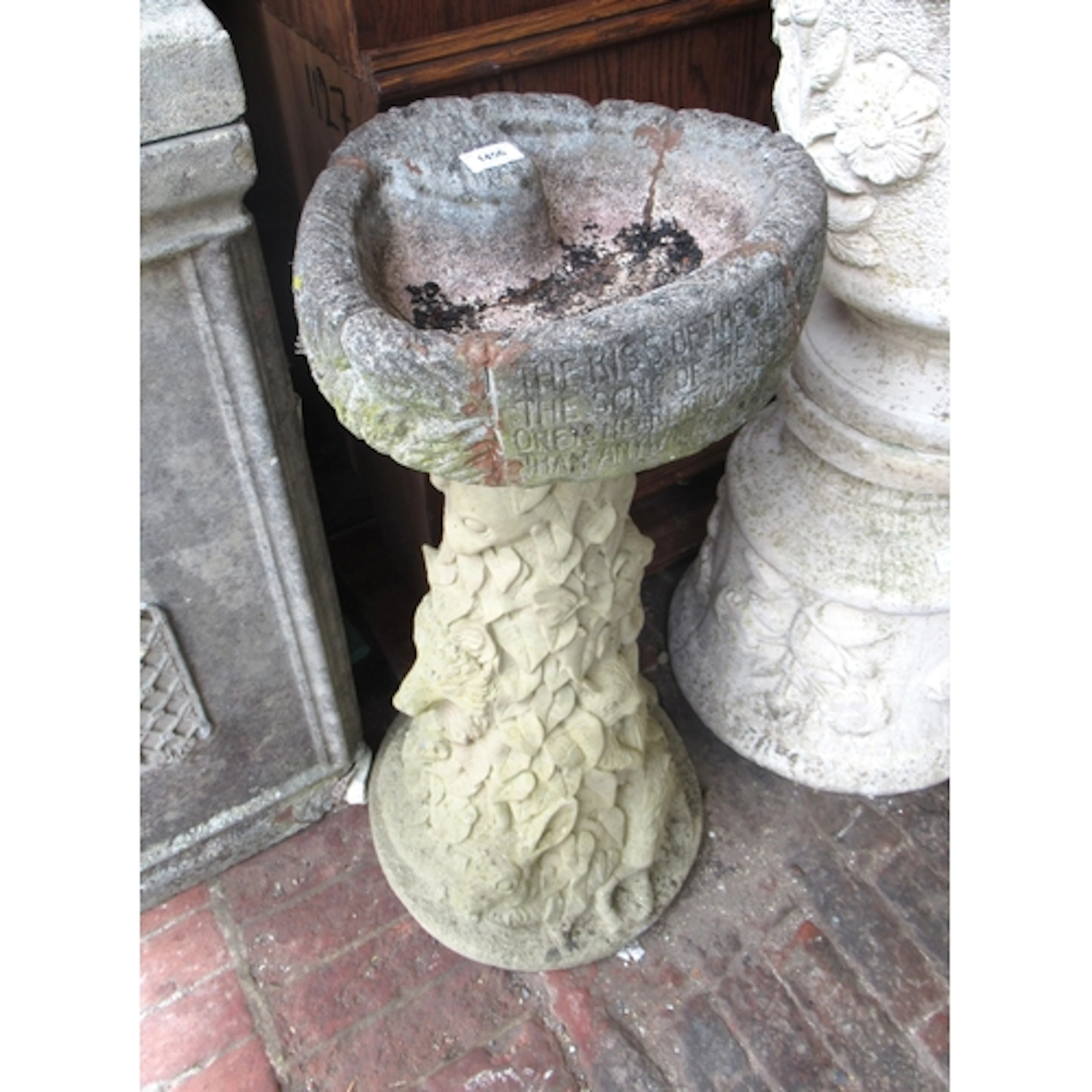 Cast concrete garden bird bath, relief decorated with variou...