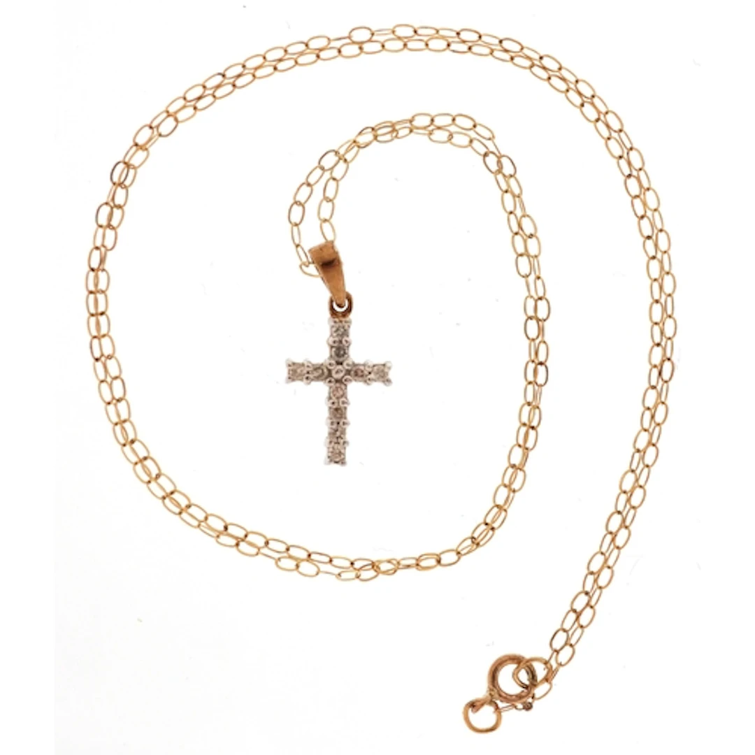 9ct gold diamond cross pendant on a 9ct gold fine link neckl...
