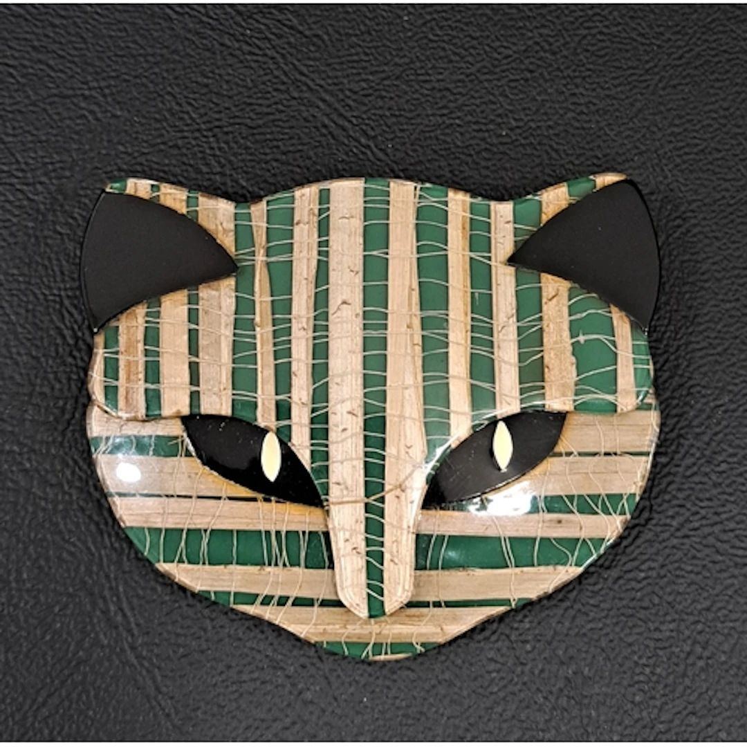 LEA STEIN ATTILA CAT HEAD BROOCH with green and taupe stripe...