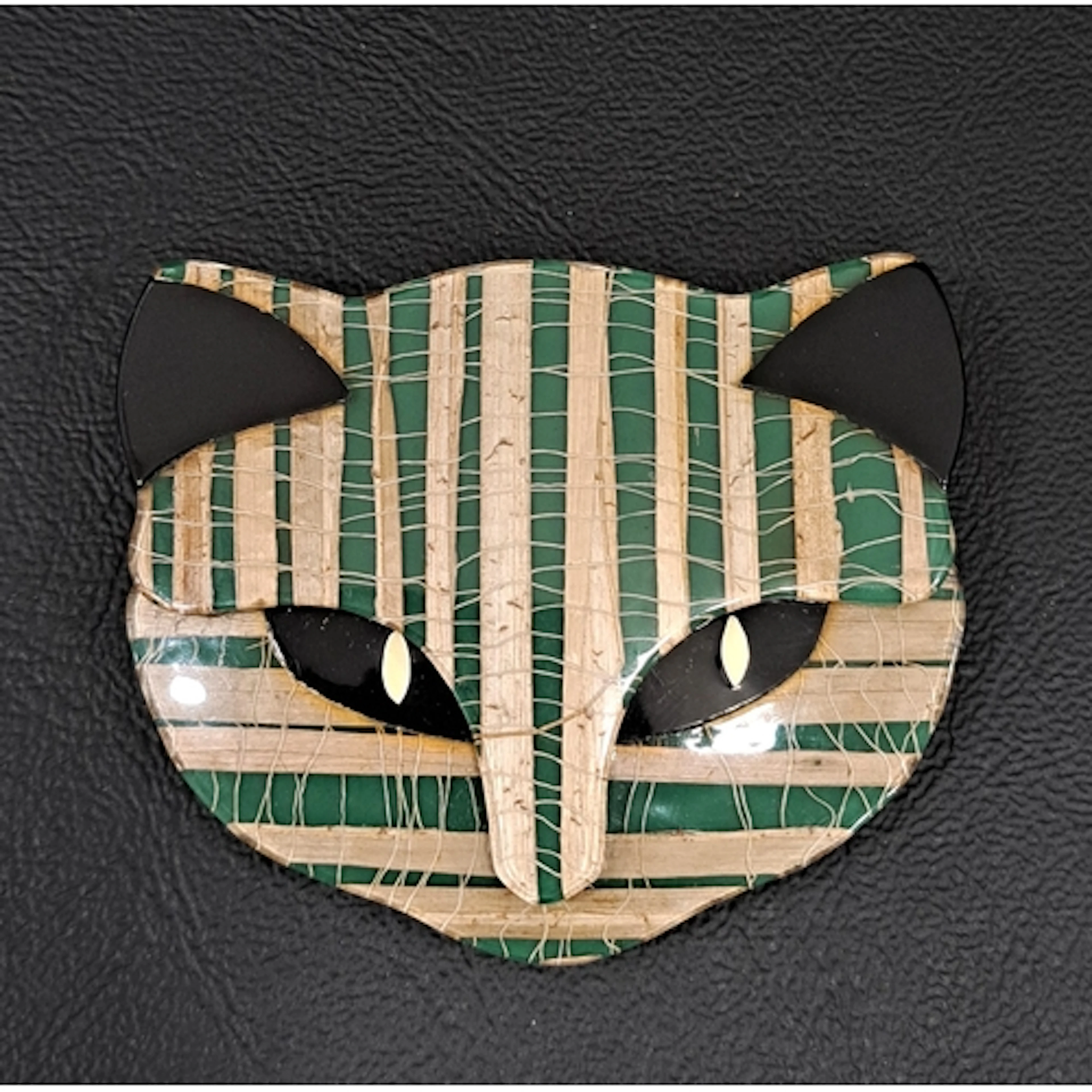 LEA STEIN ATTILA CAT HEAD BROOCH with green and taupe stripe...