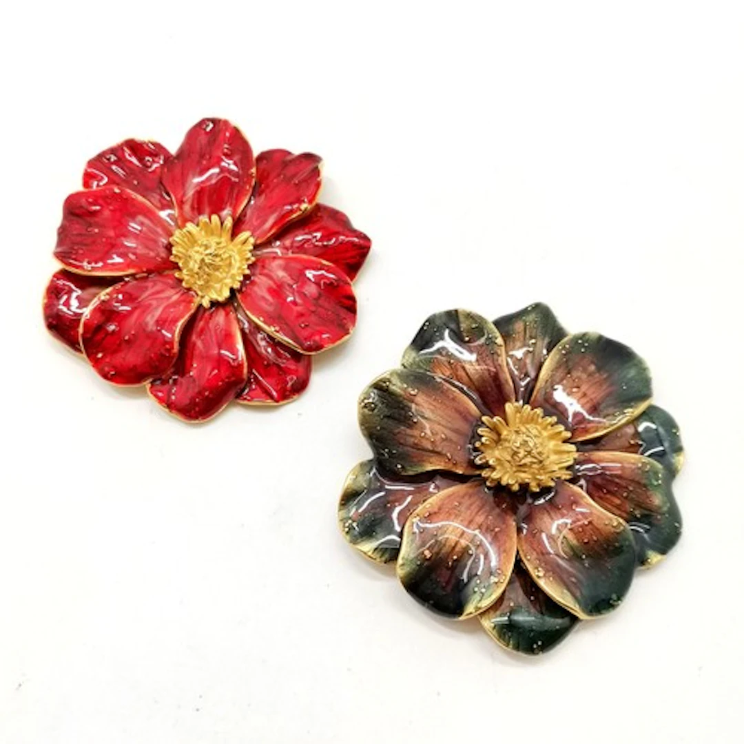 Erwin Pearl 2 x gold tone enamelled flower brooches 6cm diam...