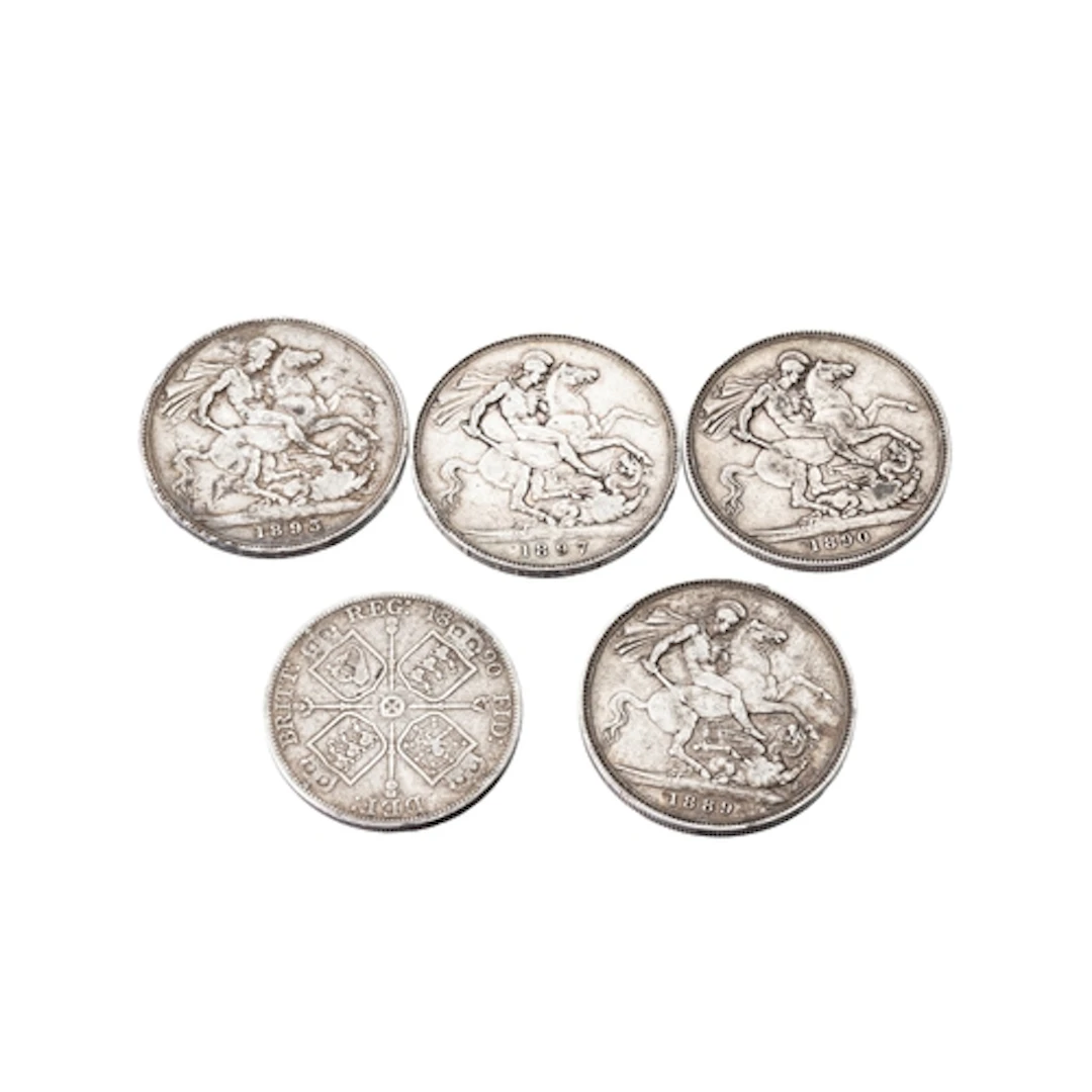 4 X 1889-1897 5/- CROWNS, plus 1 x 1887 4/- English 92.5% si...