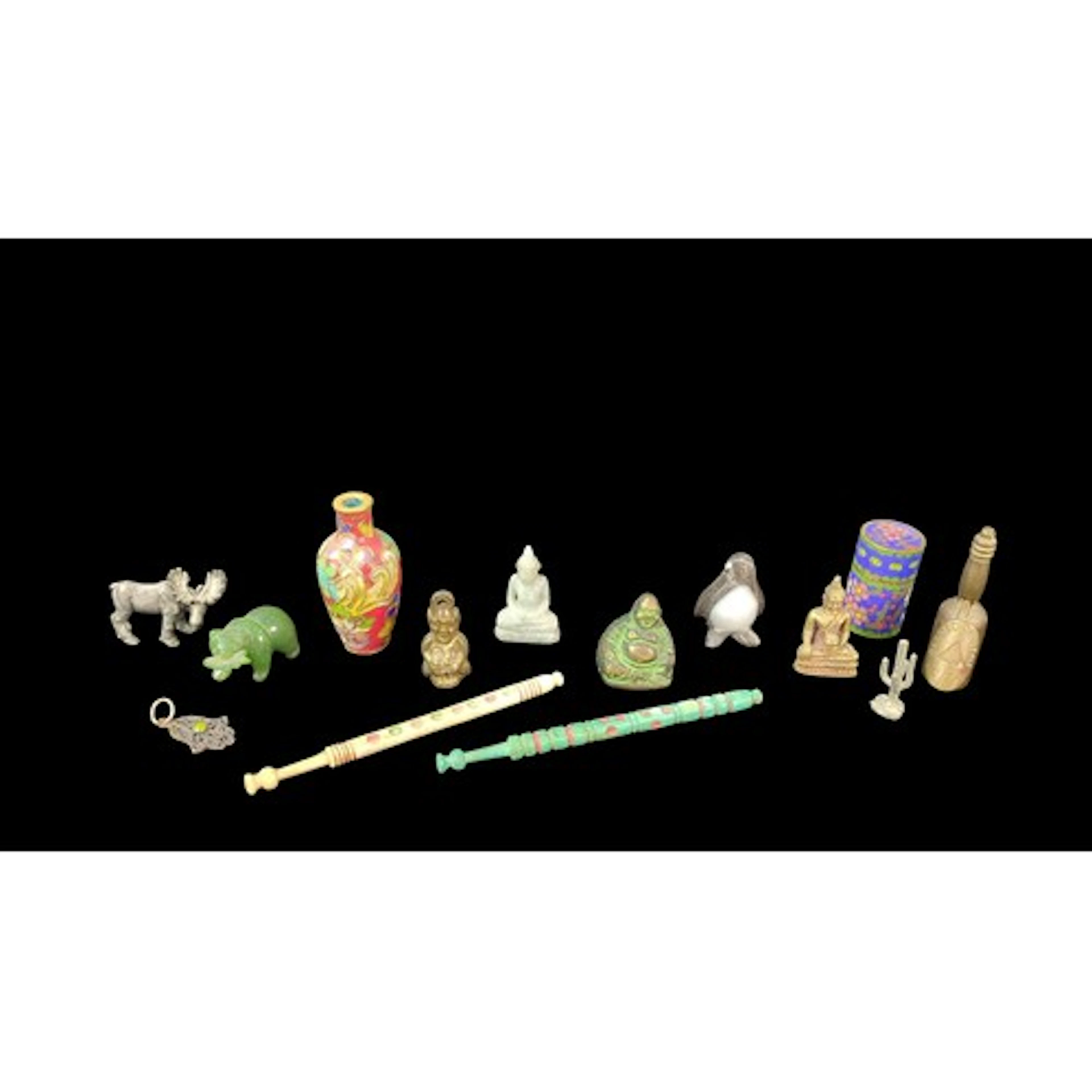 A collection of miniature curiosities including a cloisonné ...