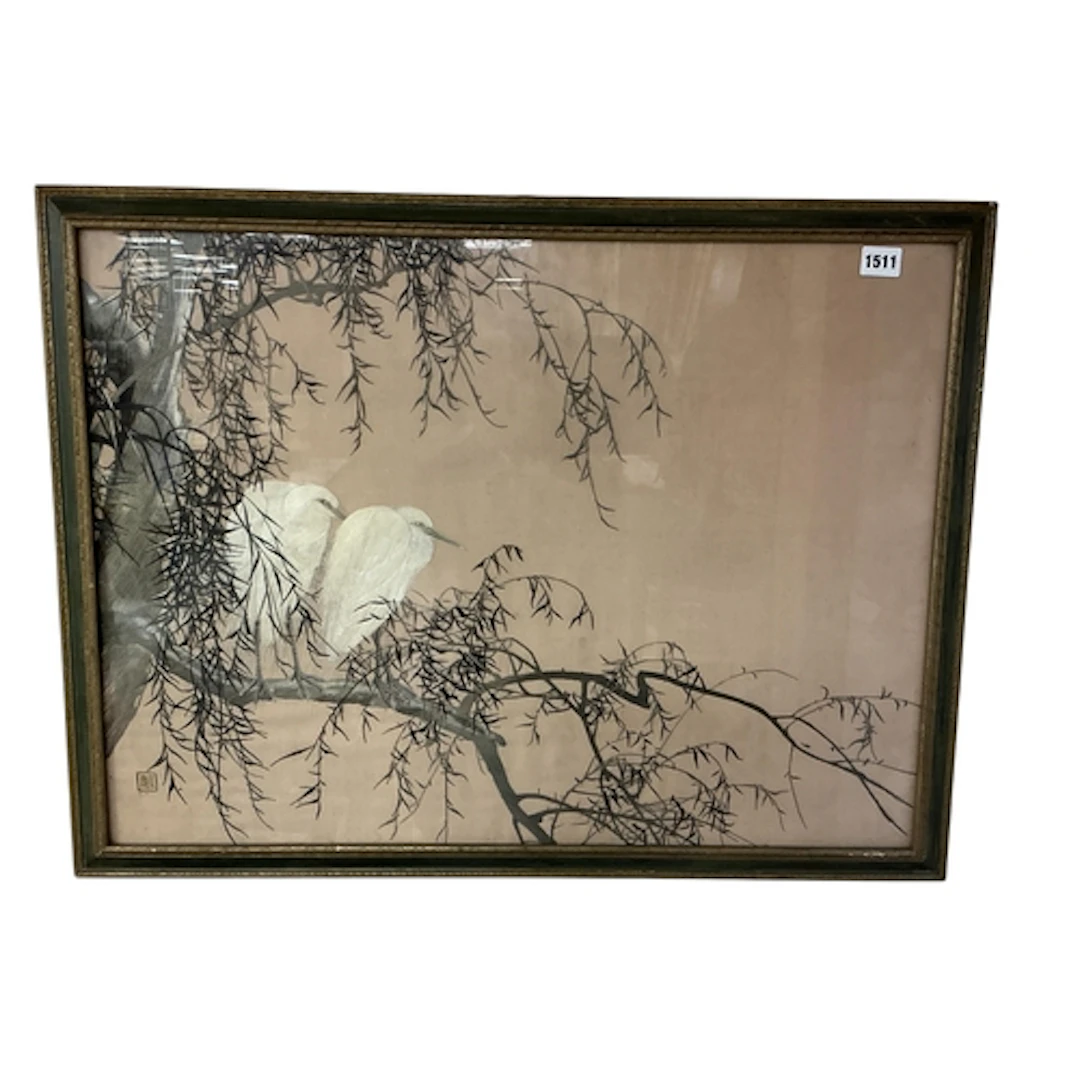 A Japanese silk embroidery, cranes among trees, The Rowley G...