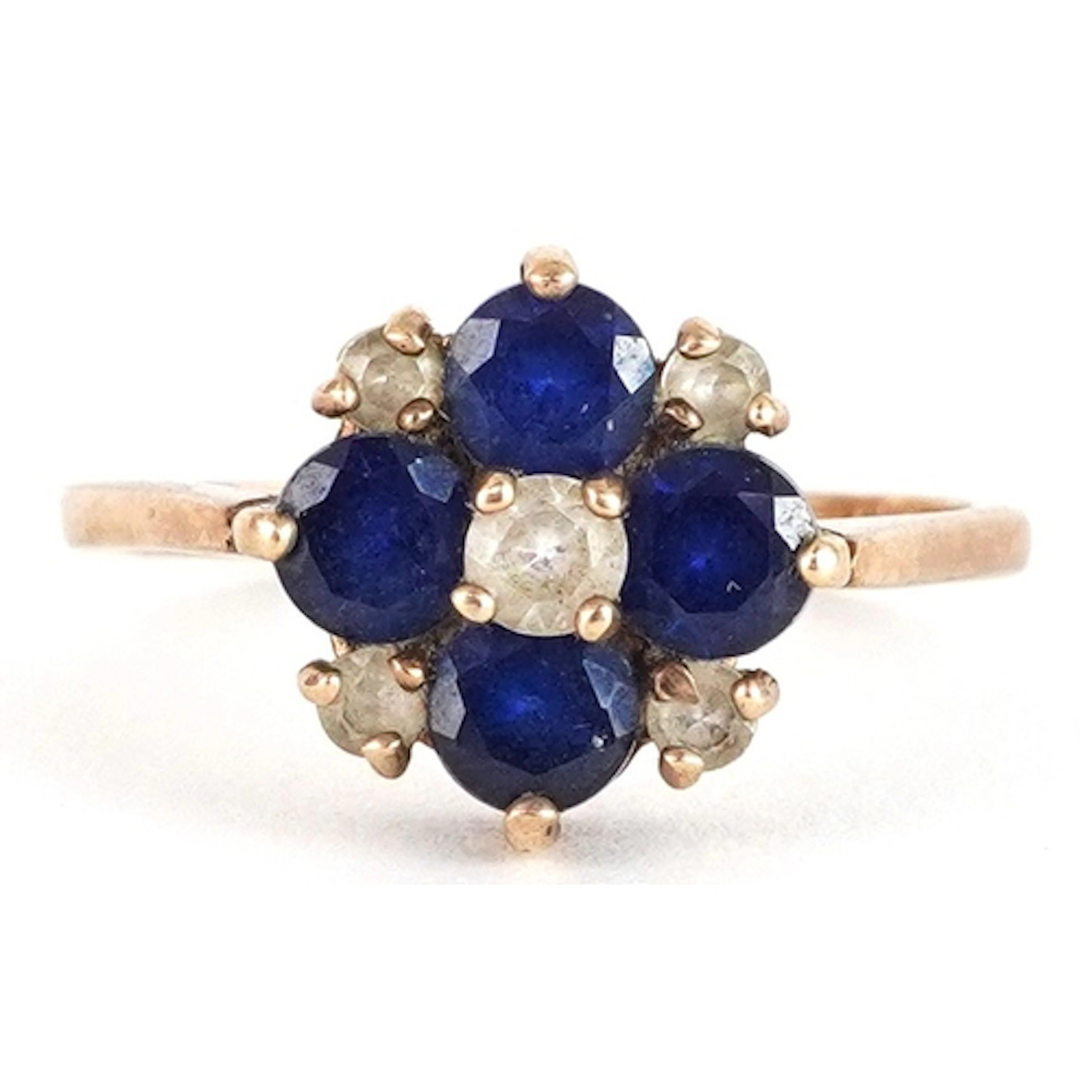 Vintage 9ct gold blue and clear stone cluster ring, size O, ...