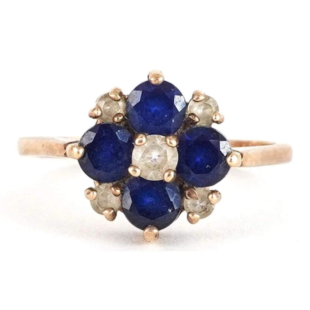 Vintage 9ct gold blue and clear stone cluster ring, size O, ...