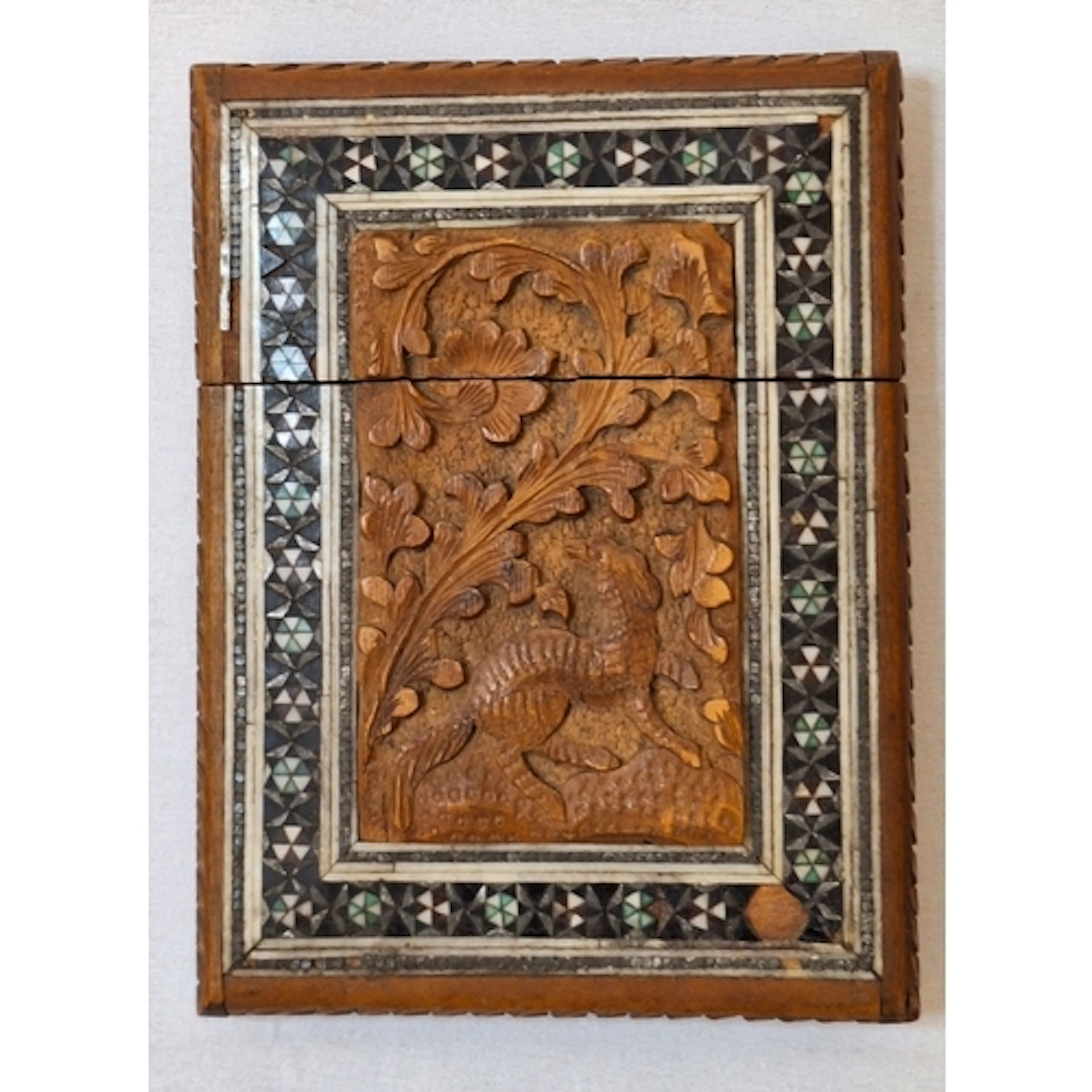 Antique Anglo-Indian Carved Sandalwood & Micro Mosaic Card C...