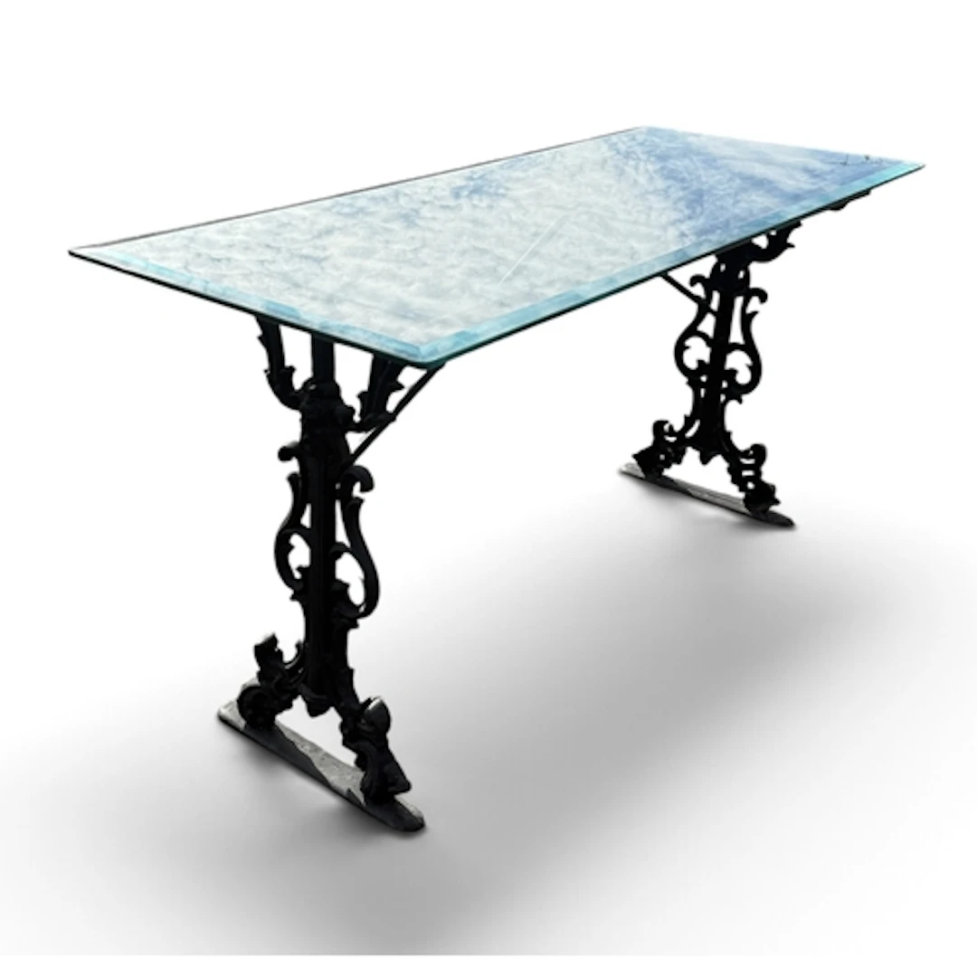 A VICTORIAN STYLE CAST IRON CONSERVATORY TABLE WITH GLASS TO...