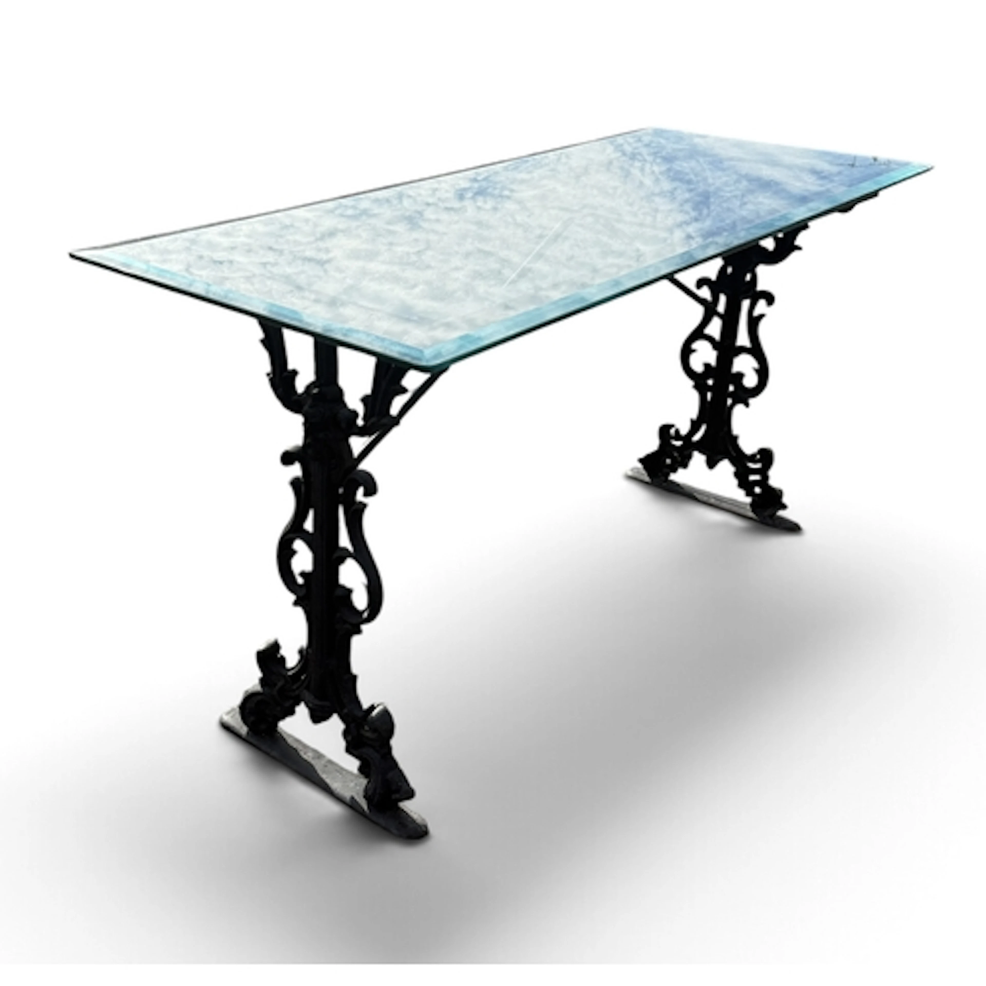 A VICTORIAN STYLE CAST IRON CONSERVATORY TABLE WITH GLASS TO...
