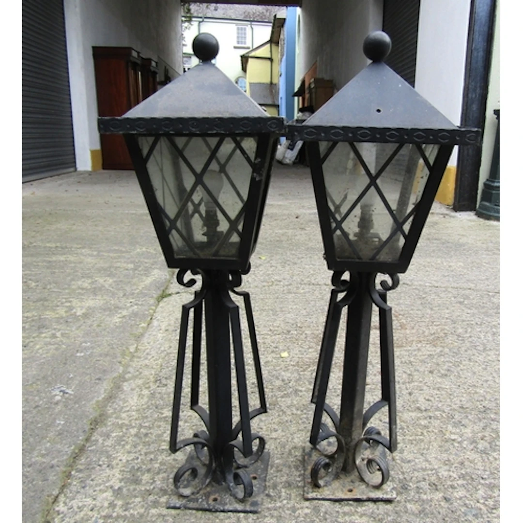 Pair of Wrought Metal Pillar Lanterns Electrified Working Or...