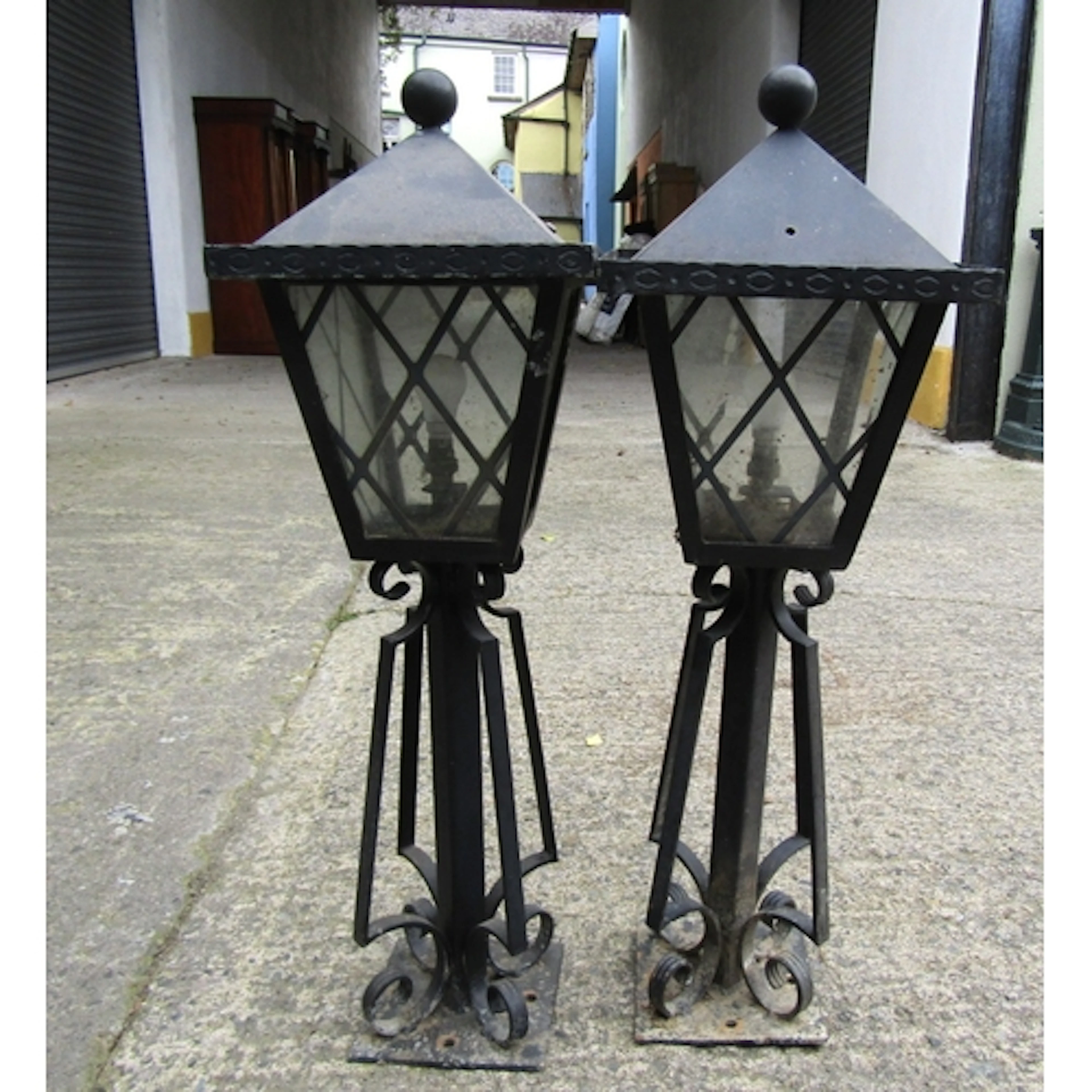Pair of Wrought Metal Pillar Lanterns Electrified Working Or...