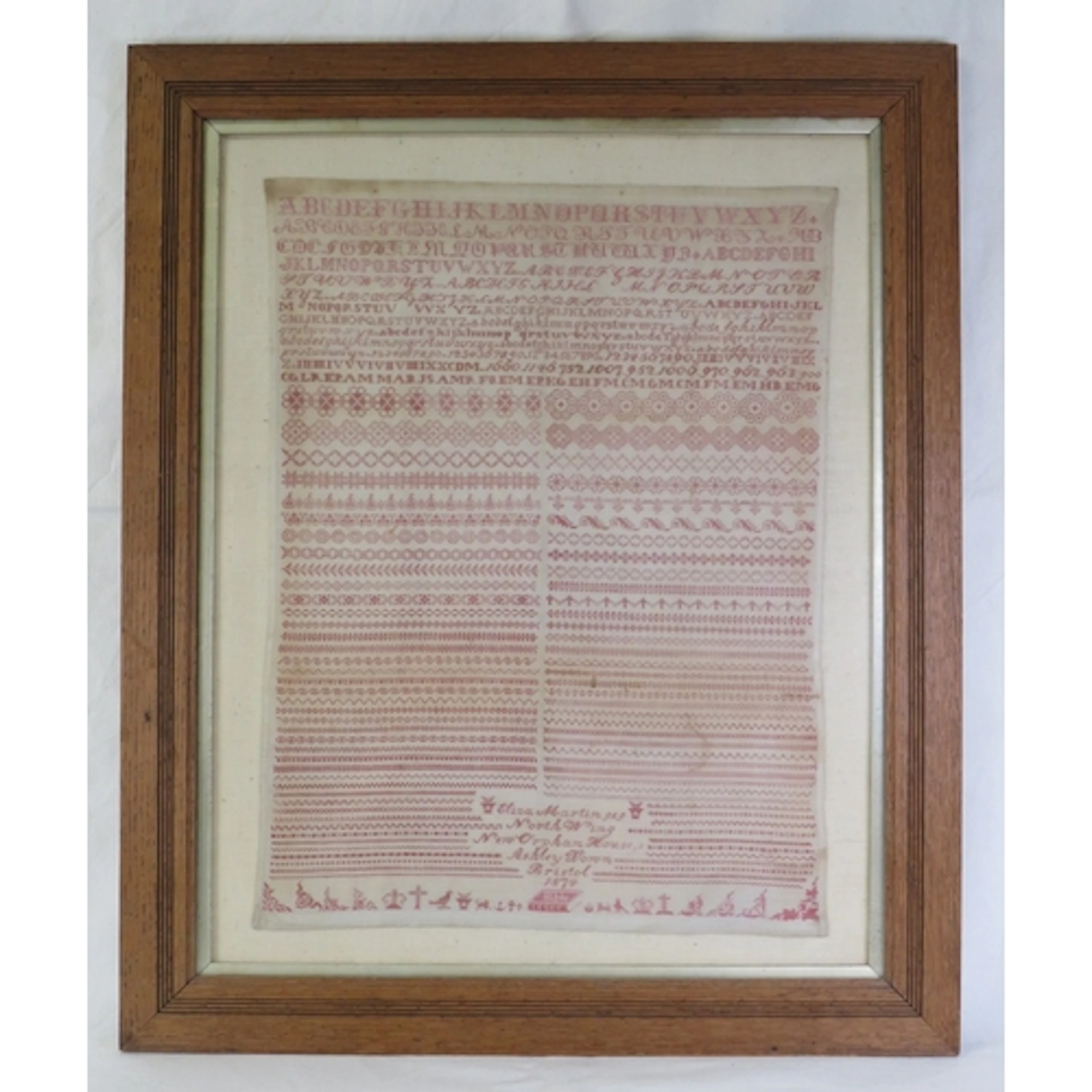 F/g Needlework Sampler dated 1874 approx. 48cm W x 58cm H (S...