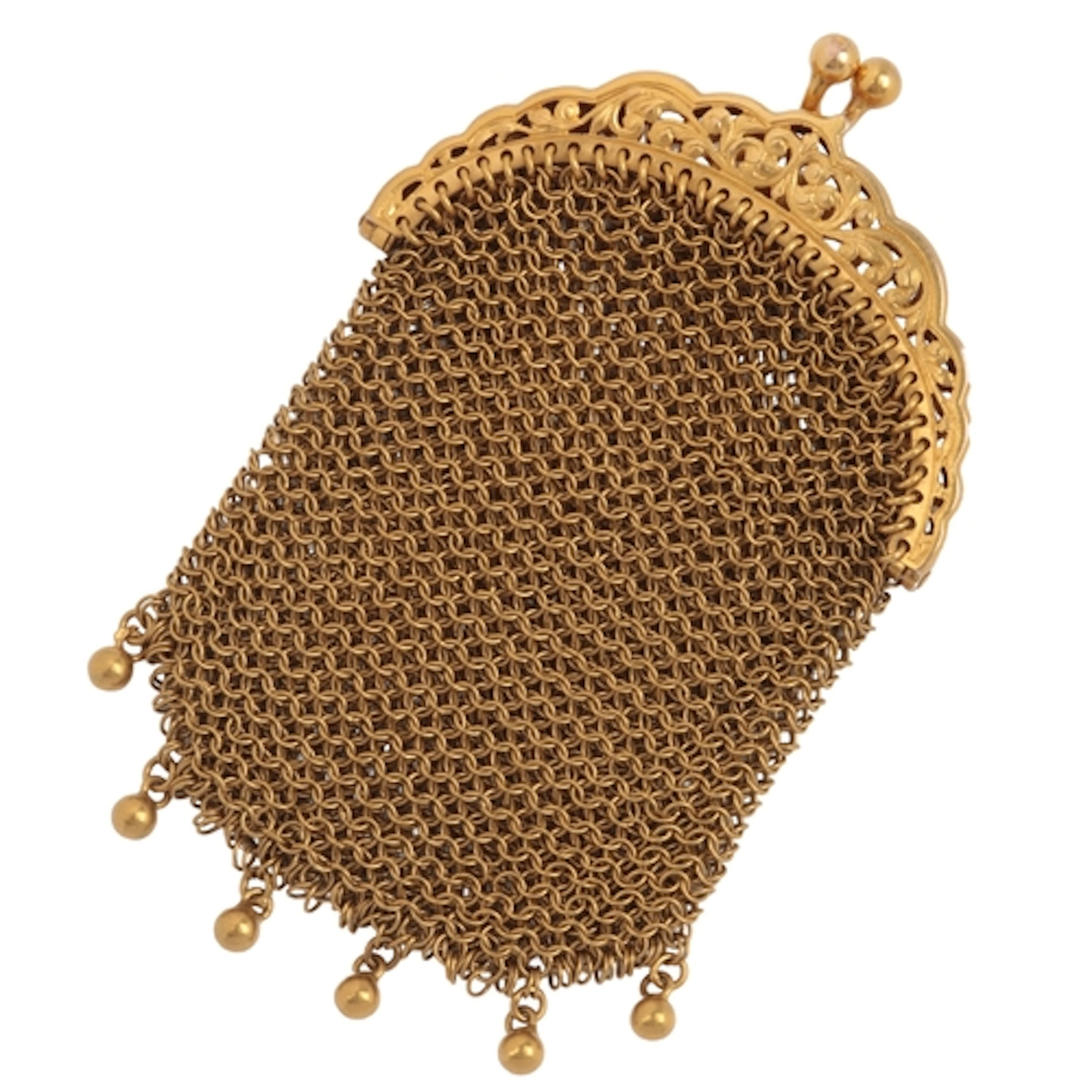 A small gold purse, the gold bag of mesh linking, suspending...