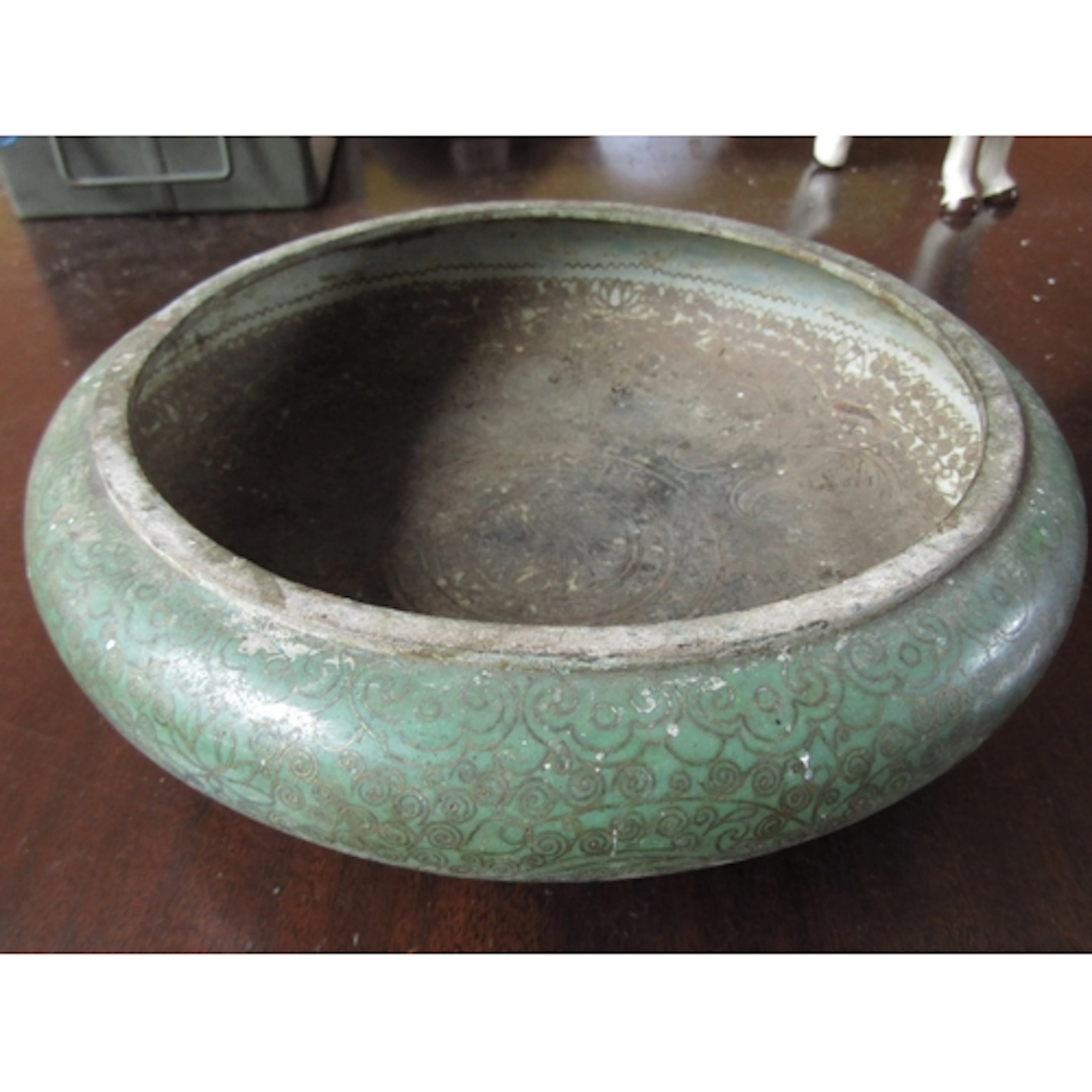 Antique Oriental Temple Bowl Shallow Rim Form Pale Green Gro...