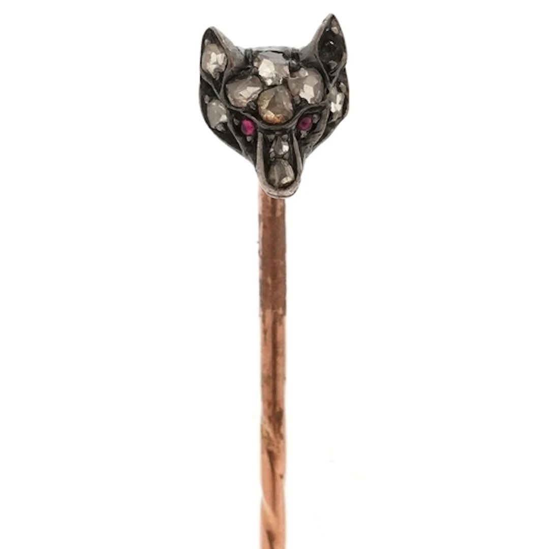 Antique yellow and white metal diamond fox head stickpin wit...