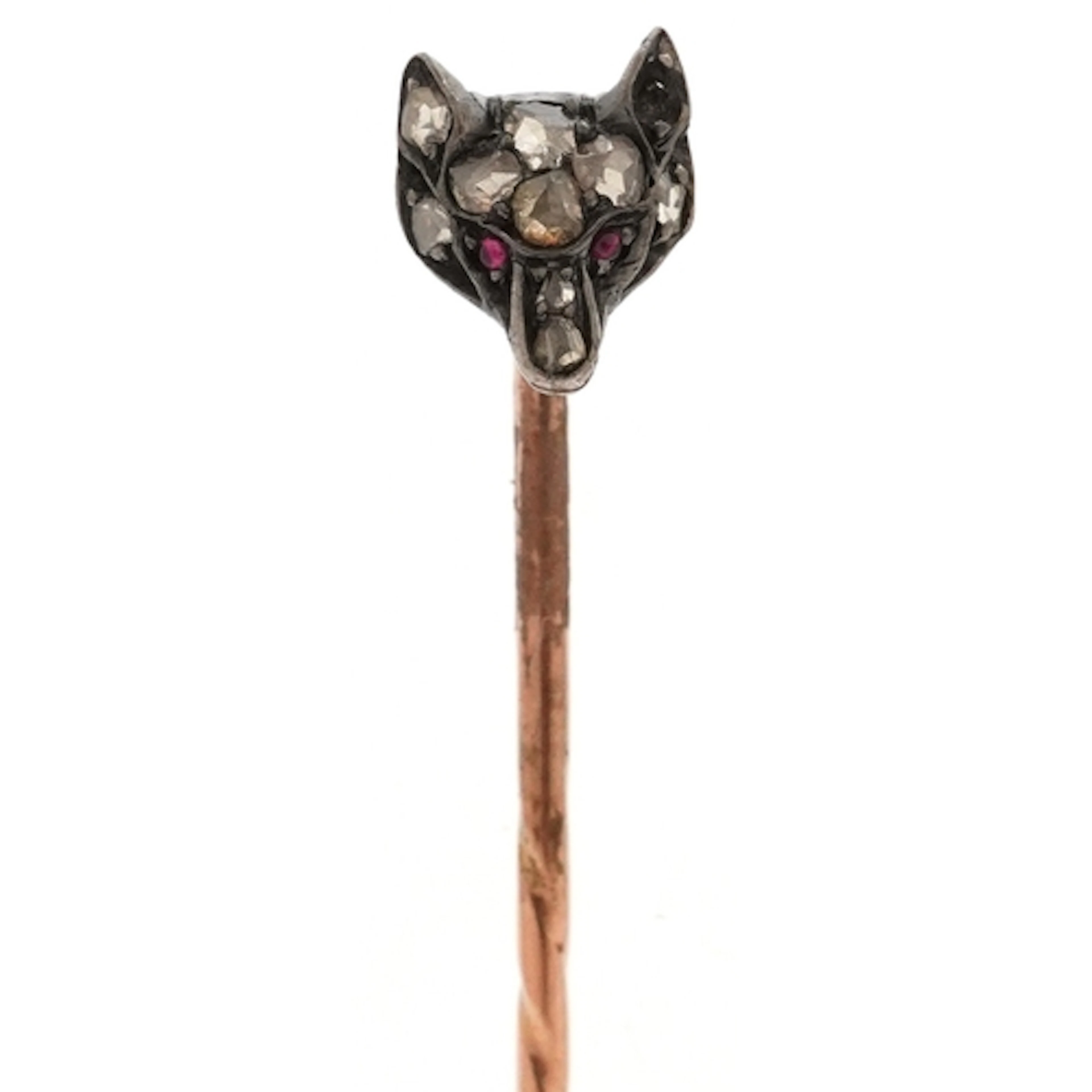 Antique yellow and white metal diamond fox head stickpin wit...