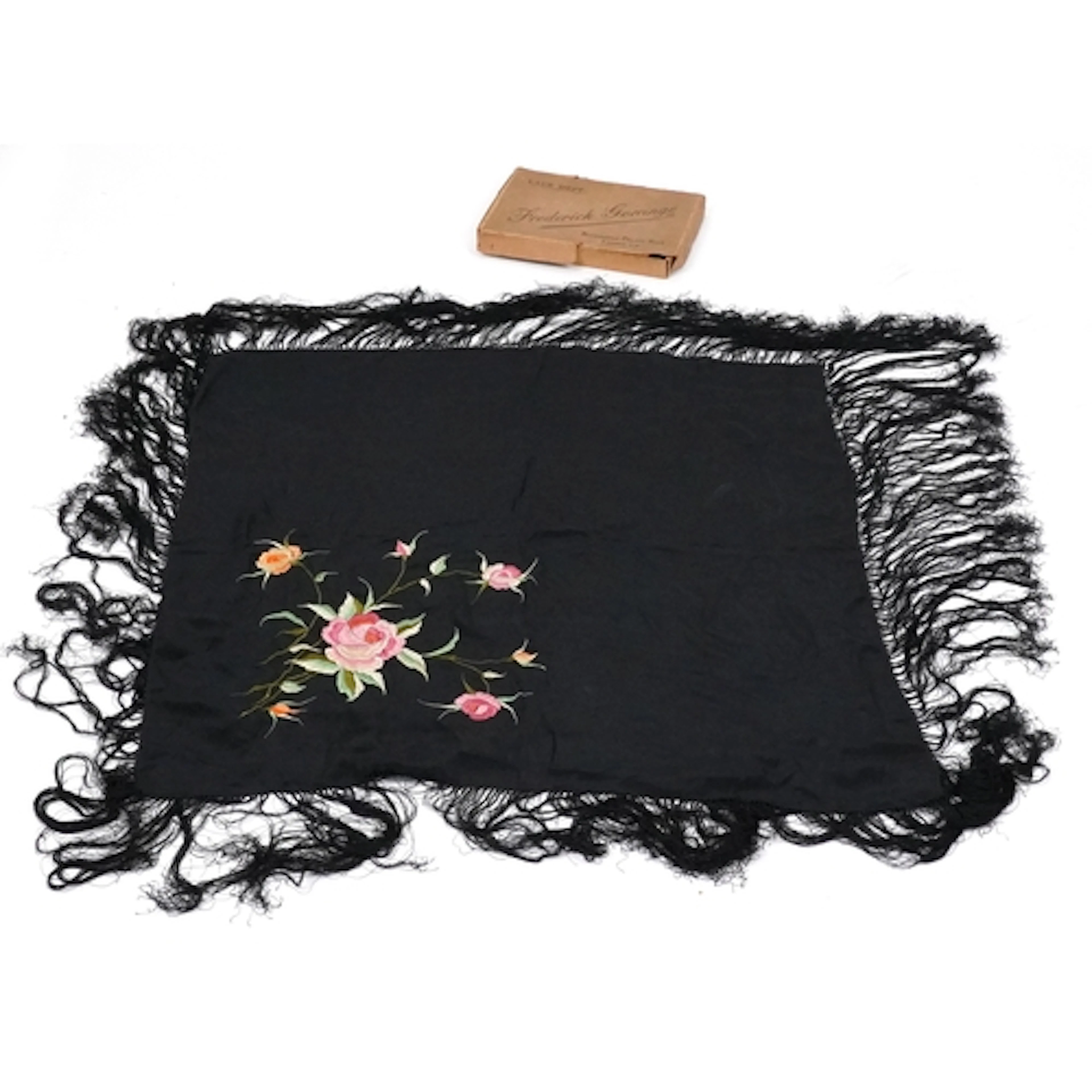 Antique silk piano shawl with floral embroidery and fringe, ...