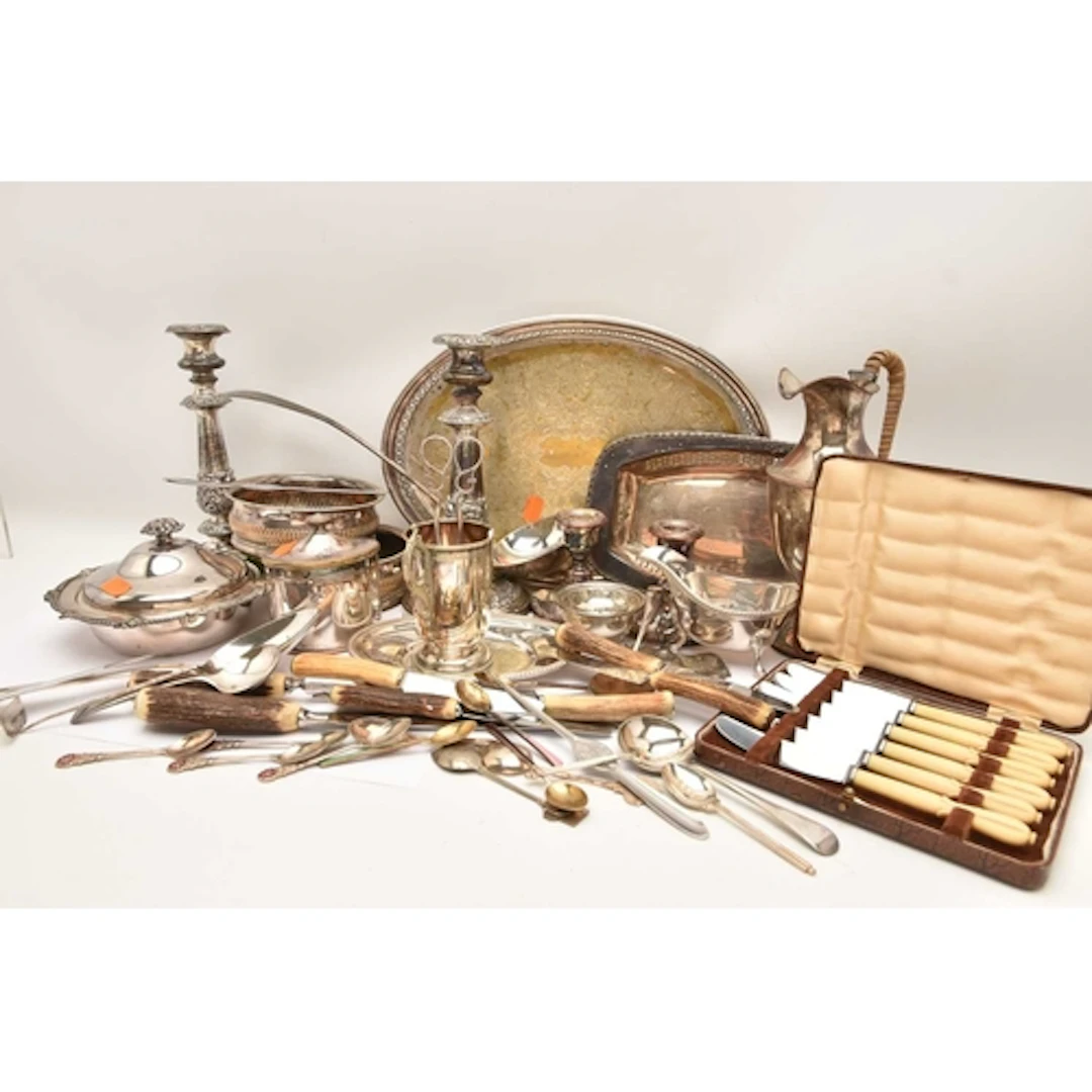 A BOX OF ASSORTED SILVER PLATE AND WHITE METAL WARE, to incl...