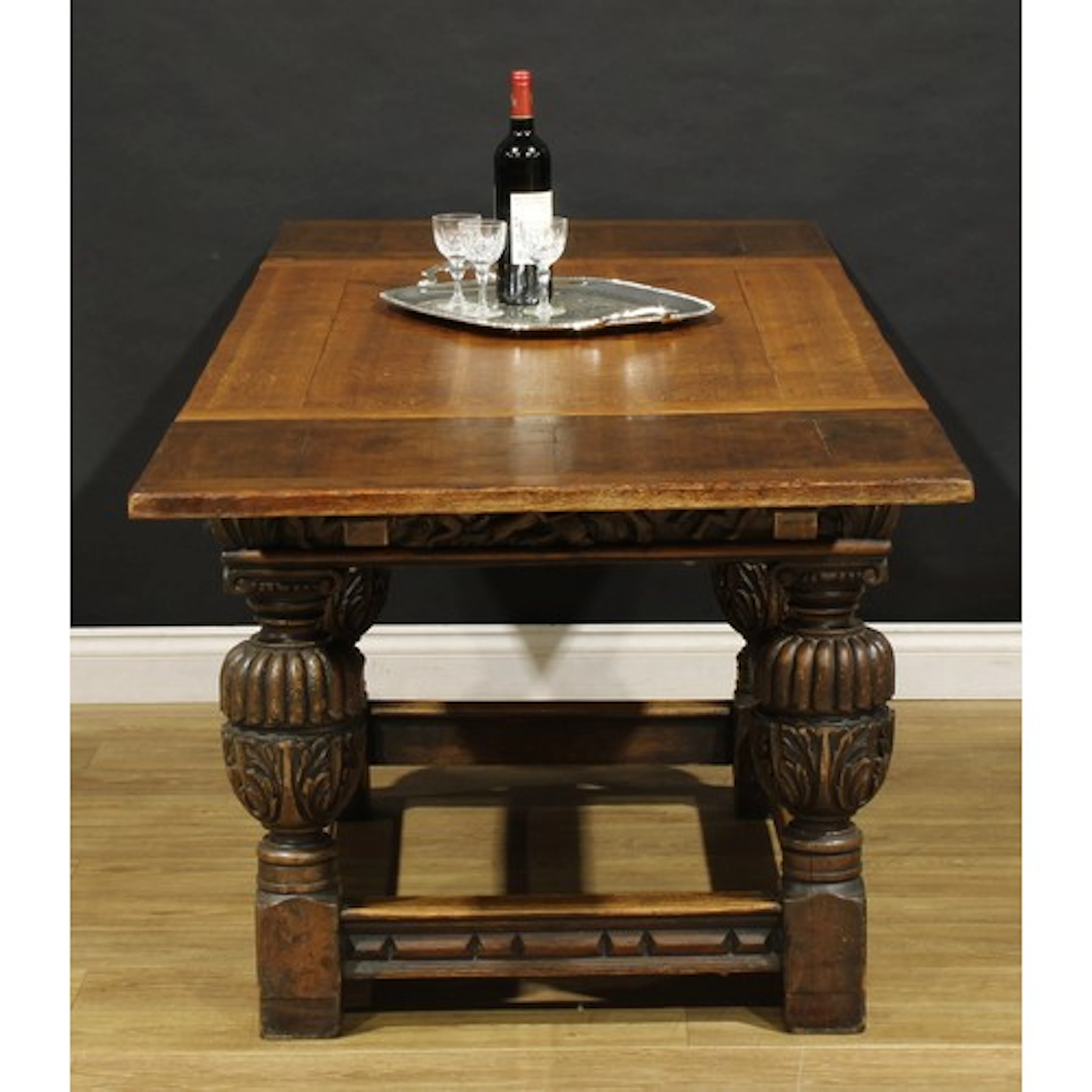 A 17th century style oak refectory table, rectangular top wi...