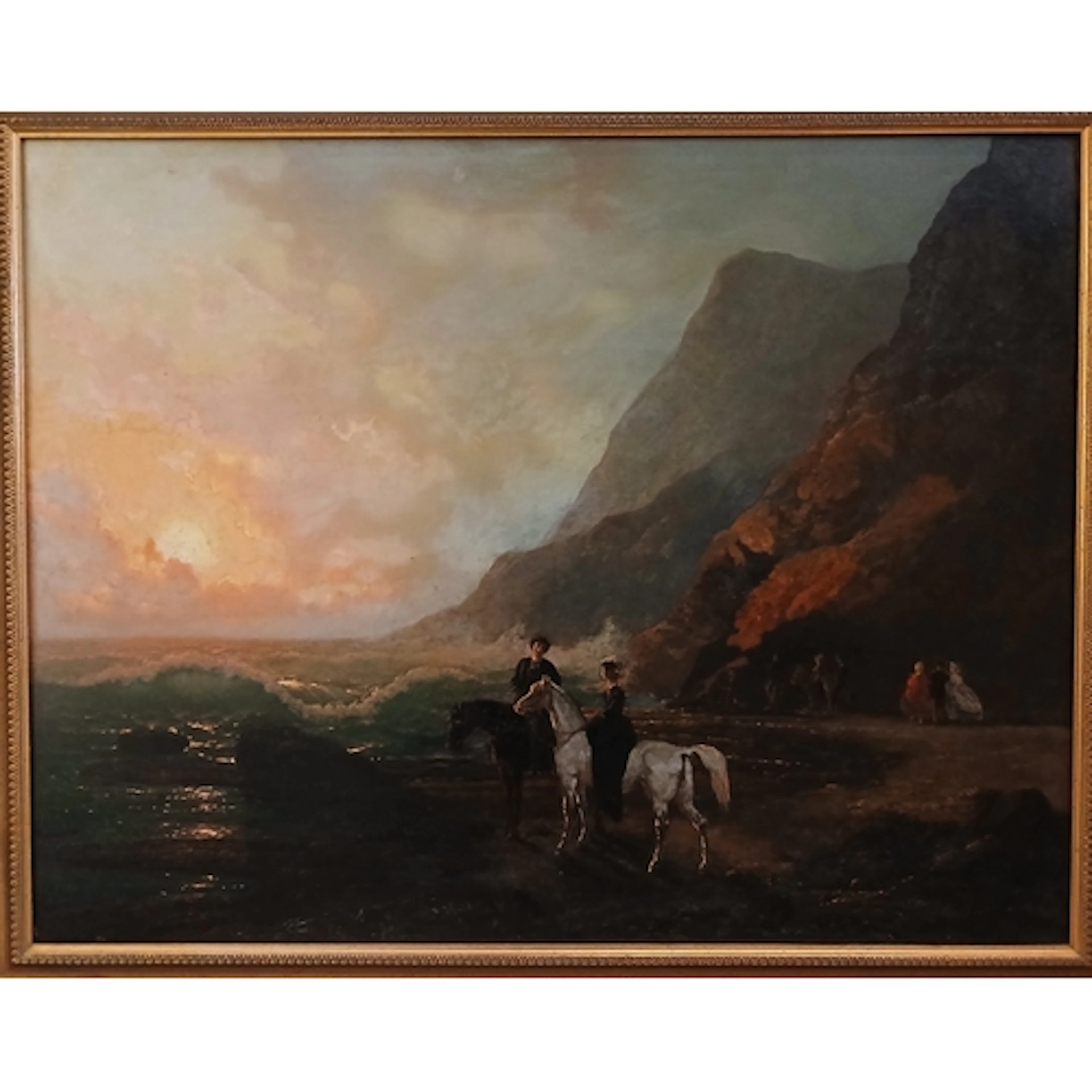 19th Century Romanticism, beach scene at sun set with ladies...