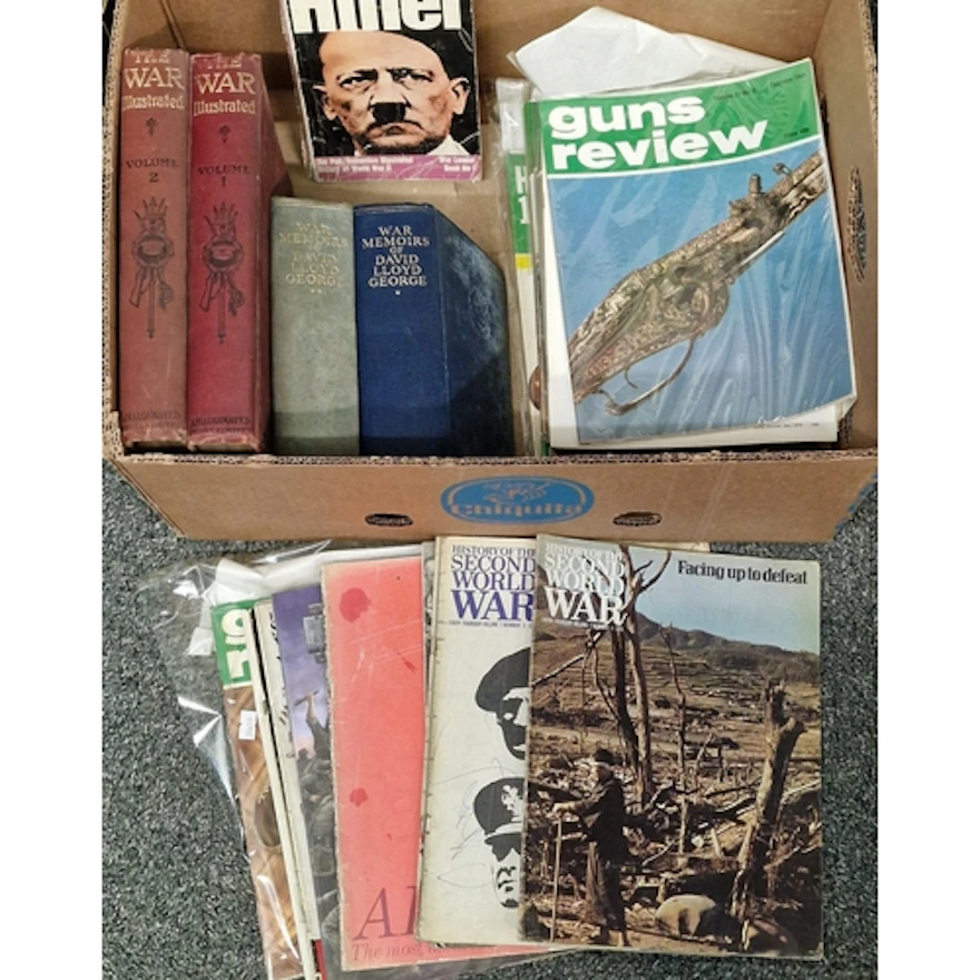 Box of military books and magazines, including ‘The War Illu...
