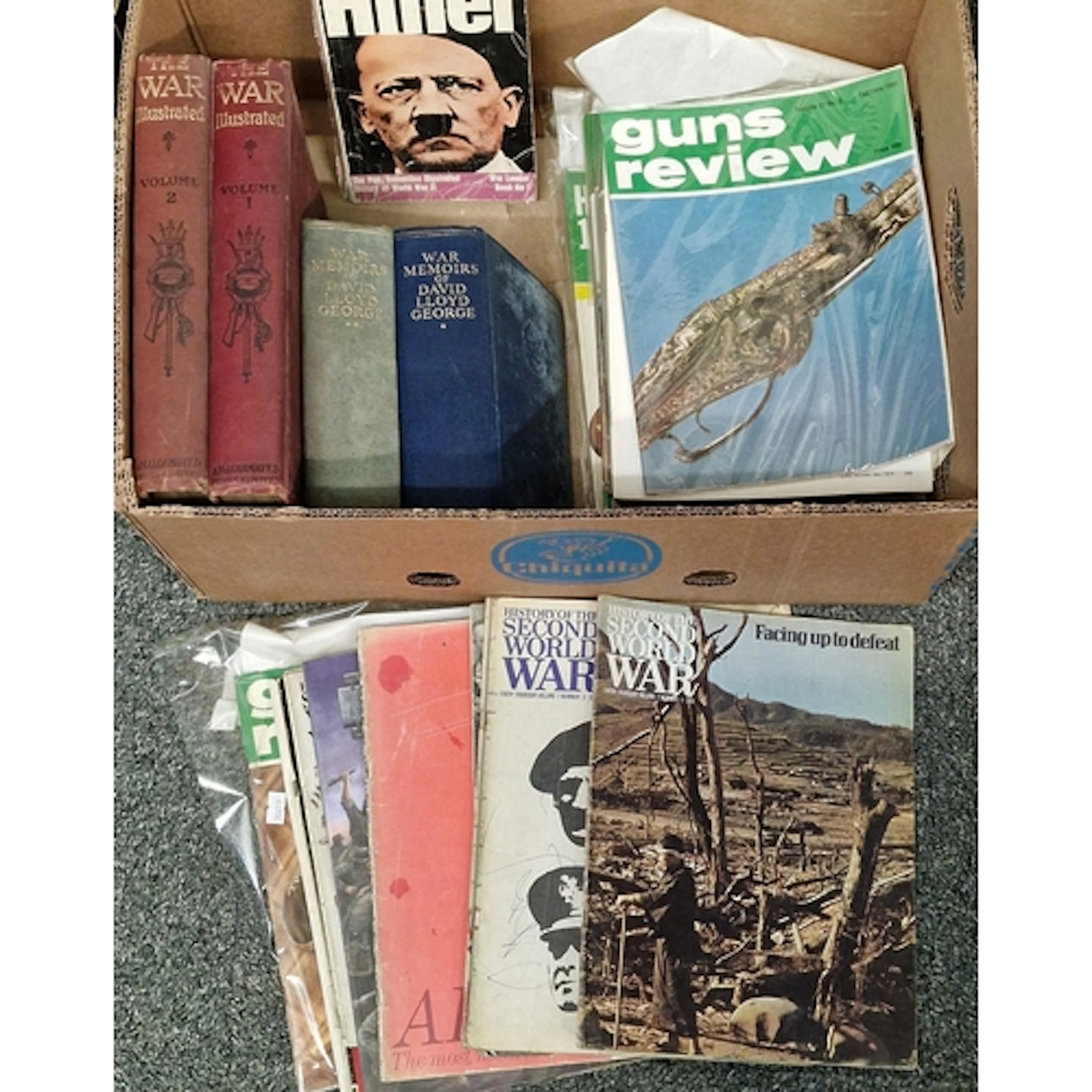 Box of military books and magazines, including ‘The War Illu...