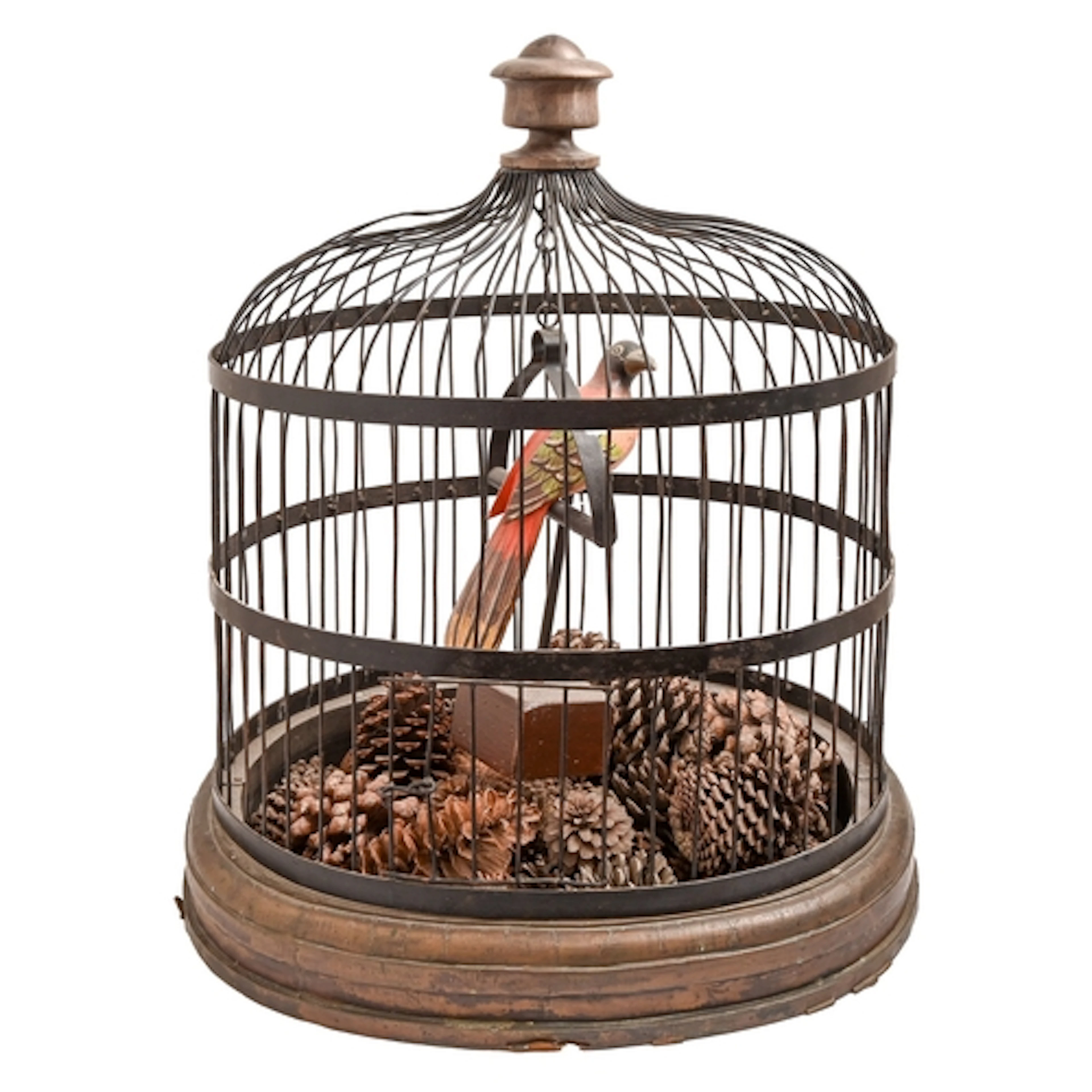 An antique style wrought iron birdcage, with turned wood fin...