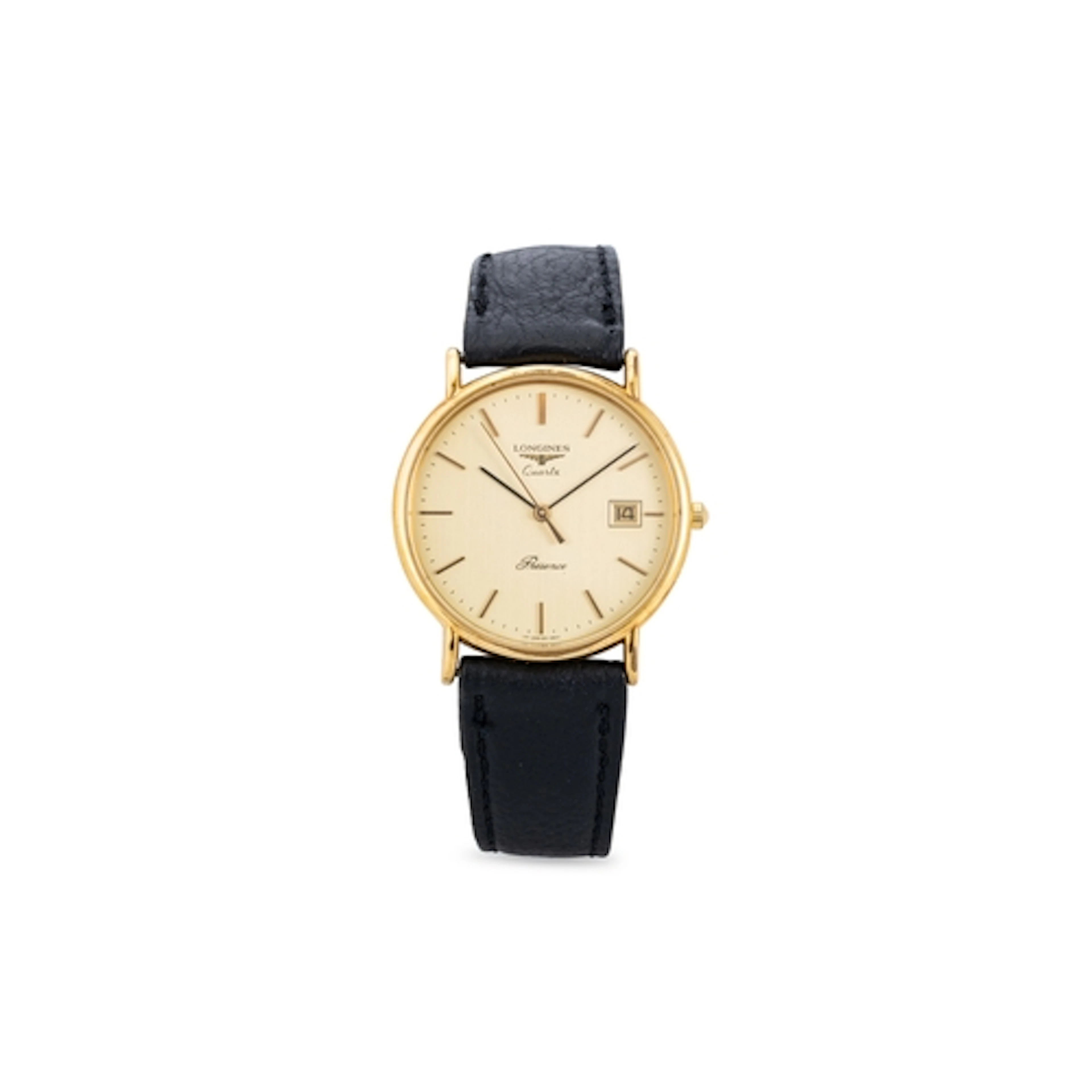 A LONGINES WRIST WATCH, date, black leather strap, 33 mm