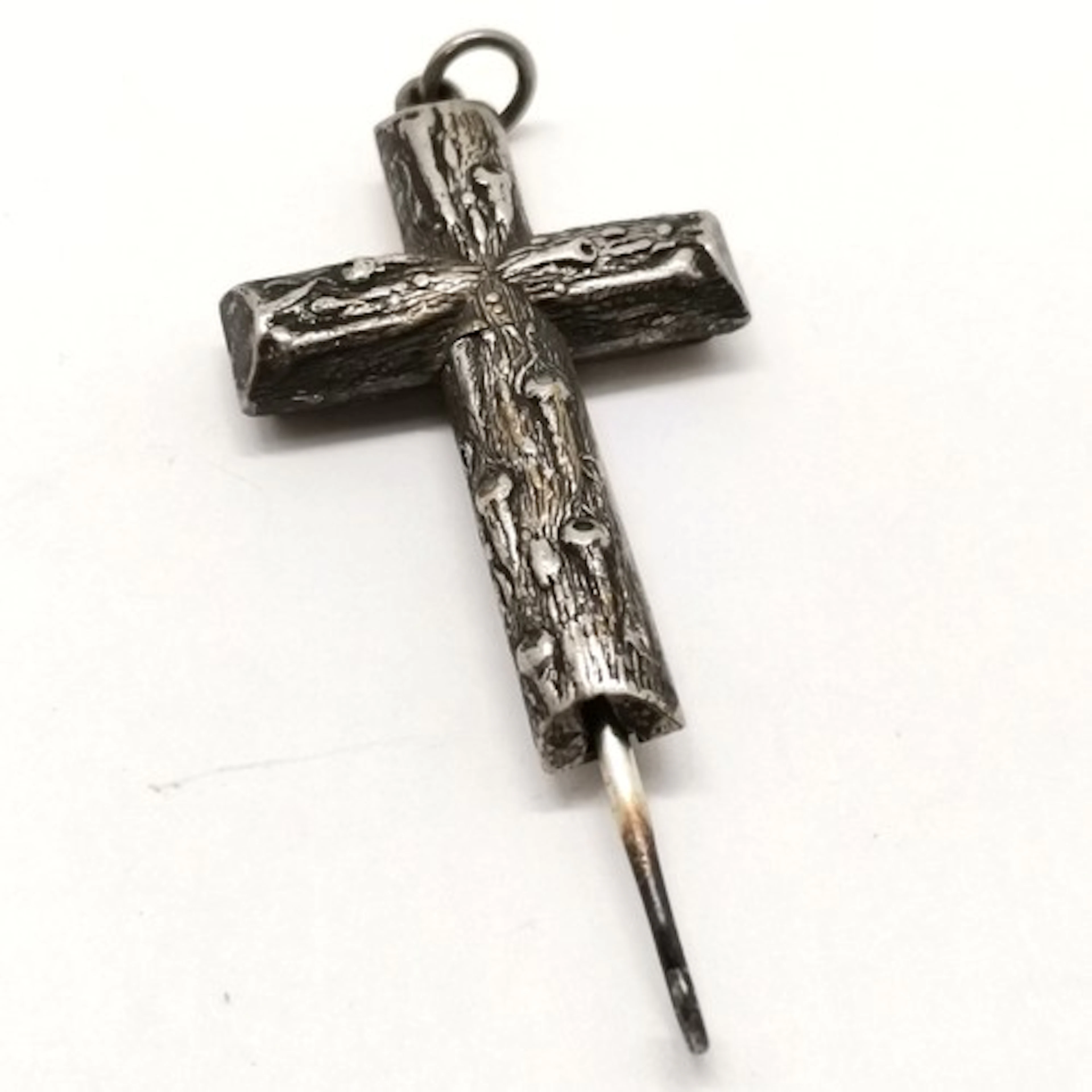 Unusual antique cross pendant with retractable button hook f...