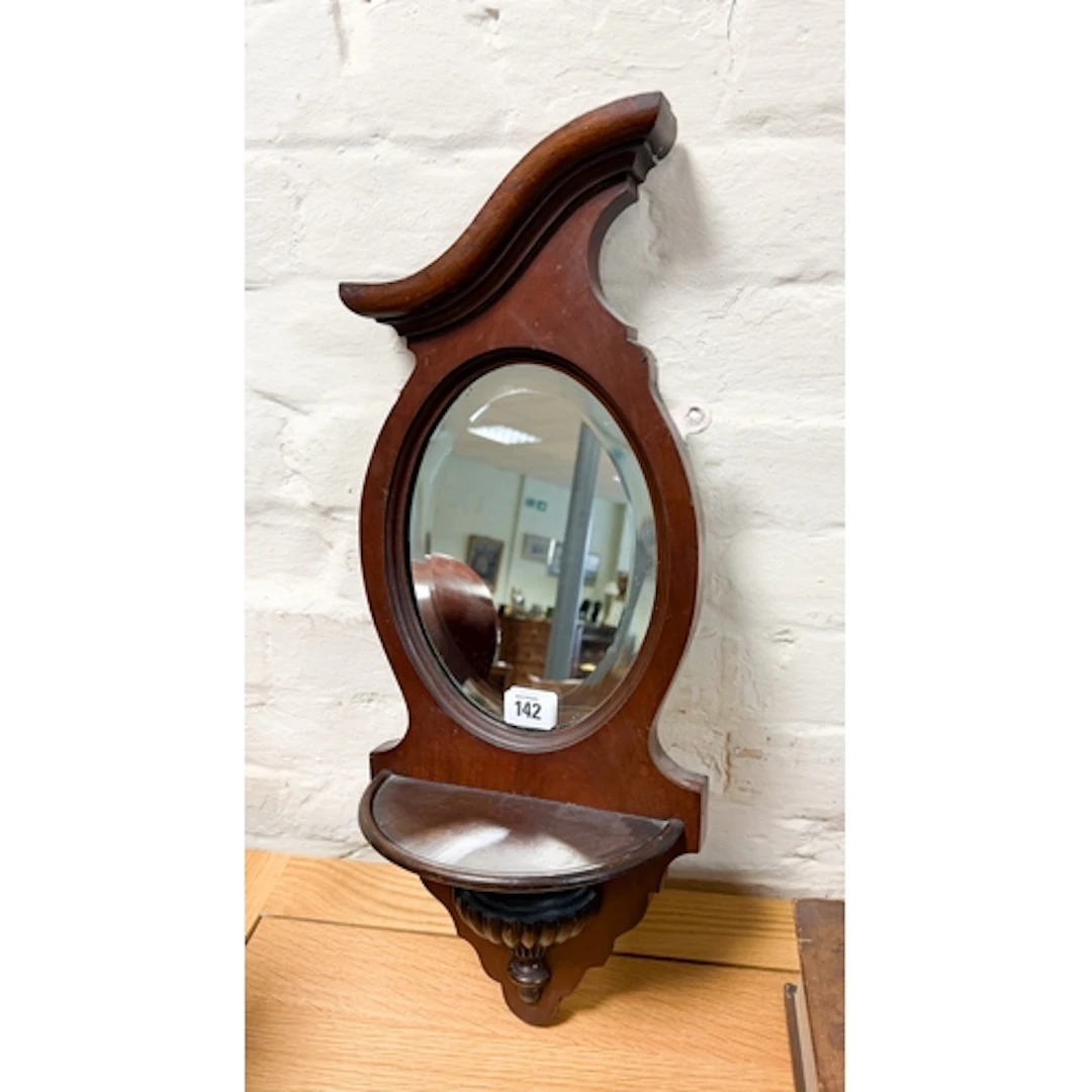 Edwardian wall mounting mahogany mirror inset trinket shelf