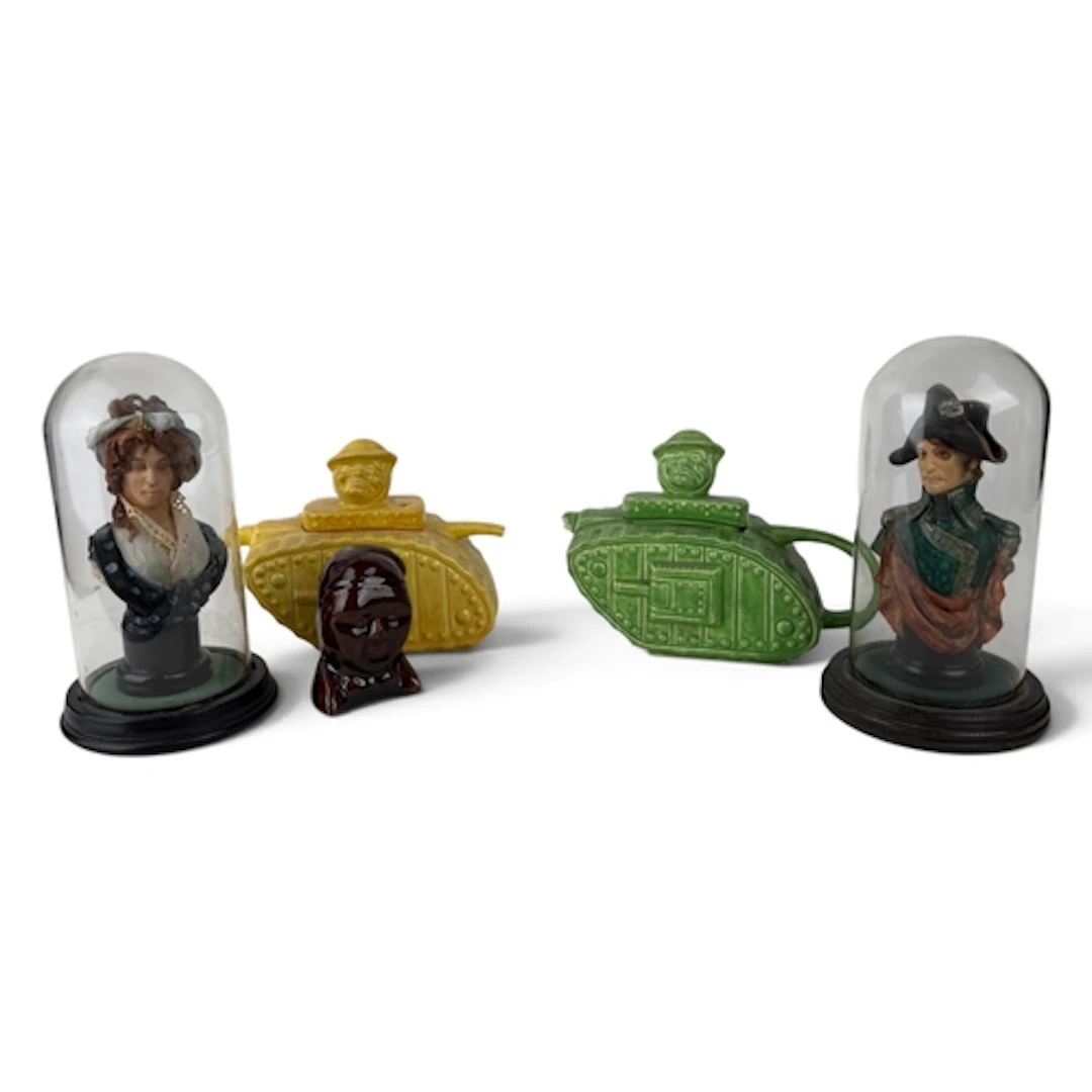 TWO SADLER WORLD WAR I WINSTON CHURCHILL TANK TEAPOTS One ye...