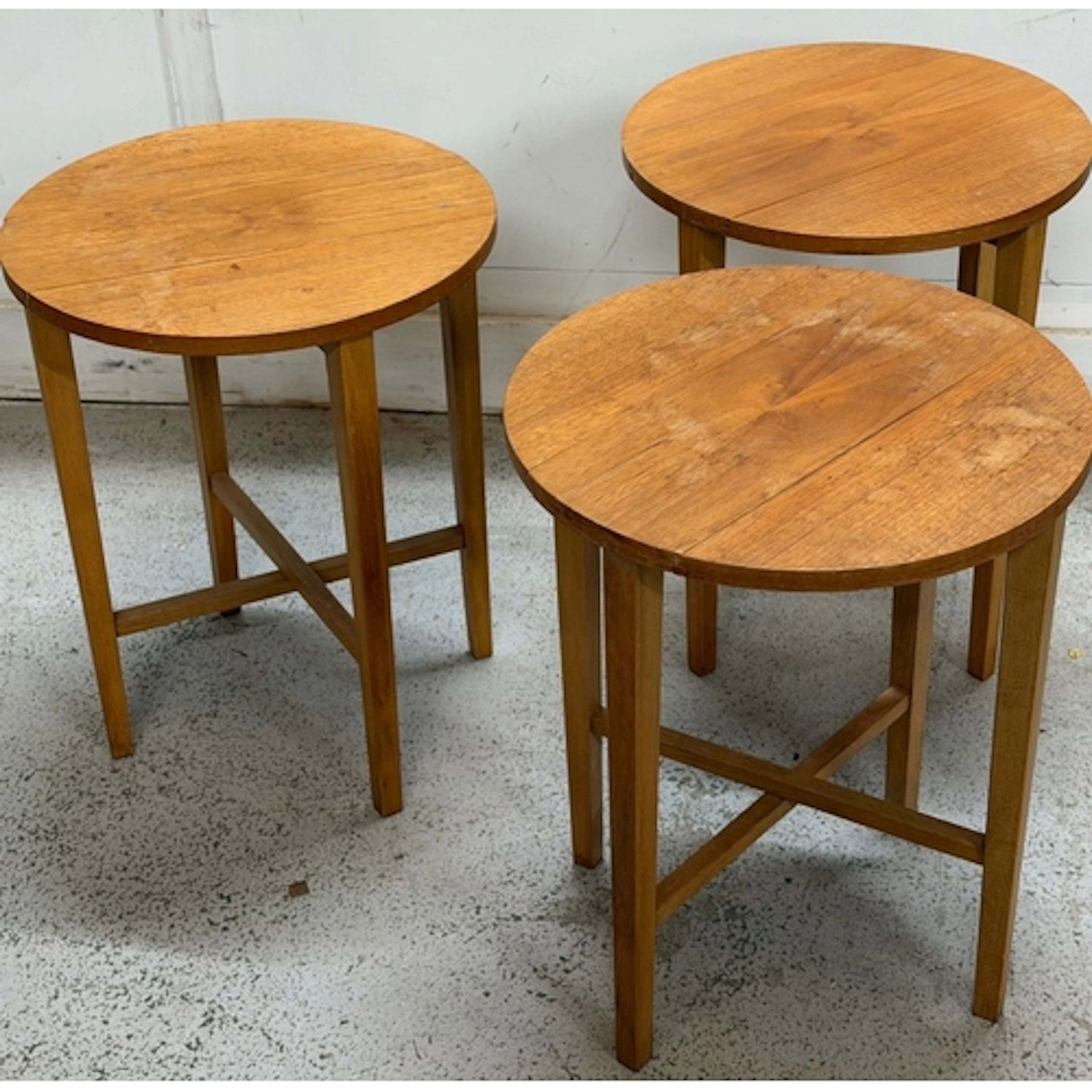 Three folding light oat circular side tables H49cm Dia39cm ...