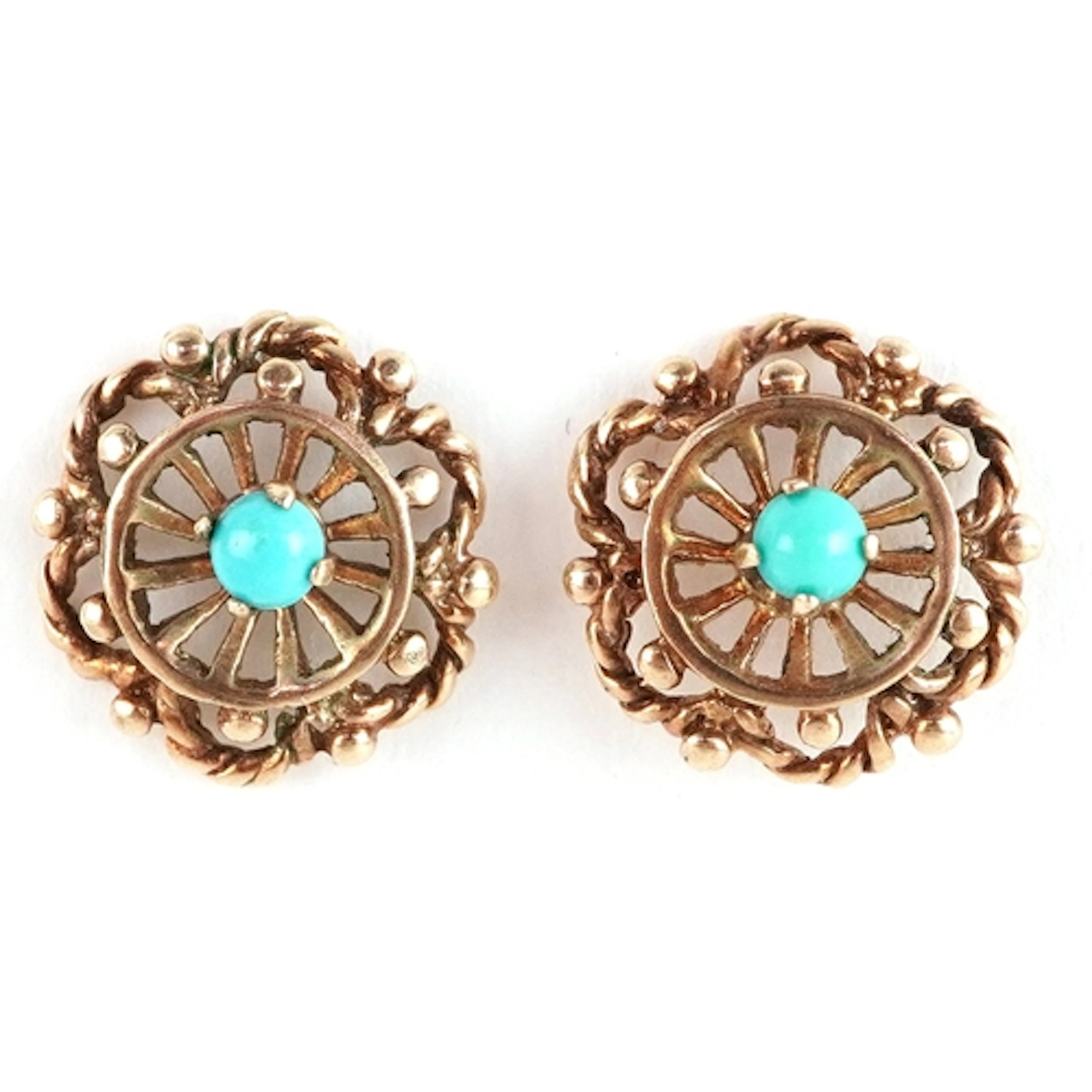 Pair of 9ct gold turquoise stud earrings, 1cm in diameter, t...