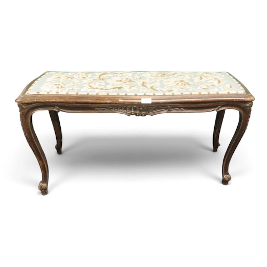 A lot comprising a late 19th century walnut framed bench sto...