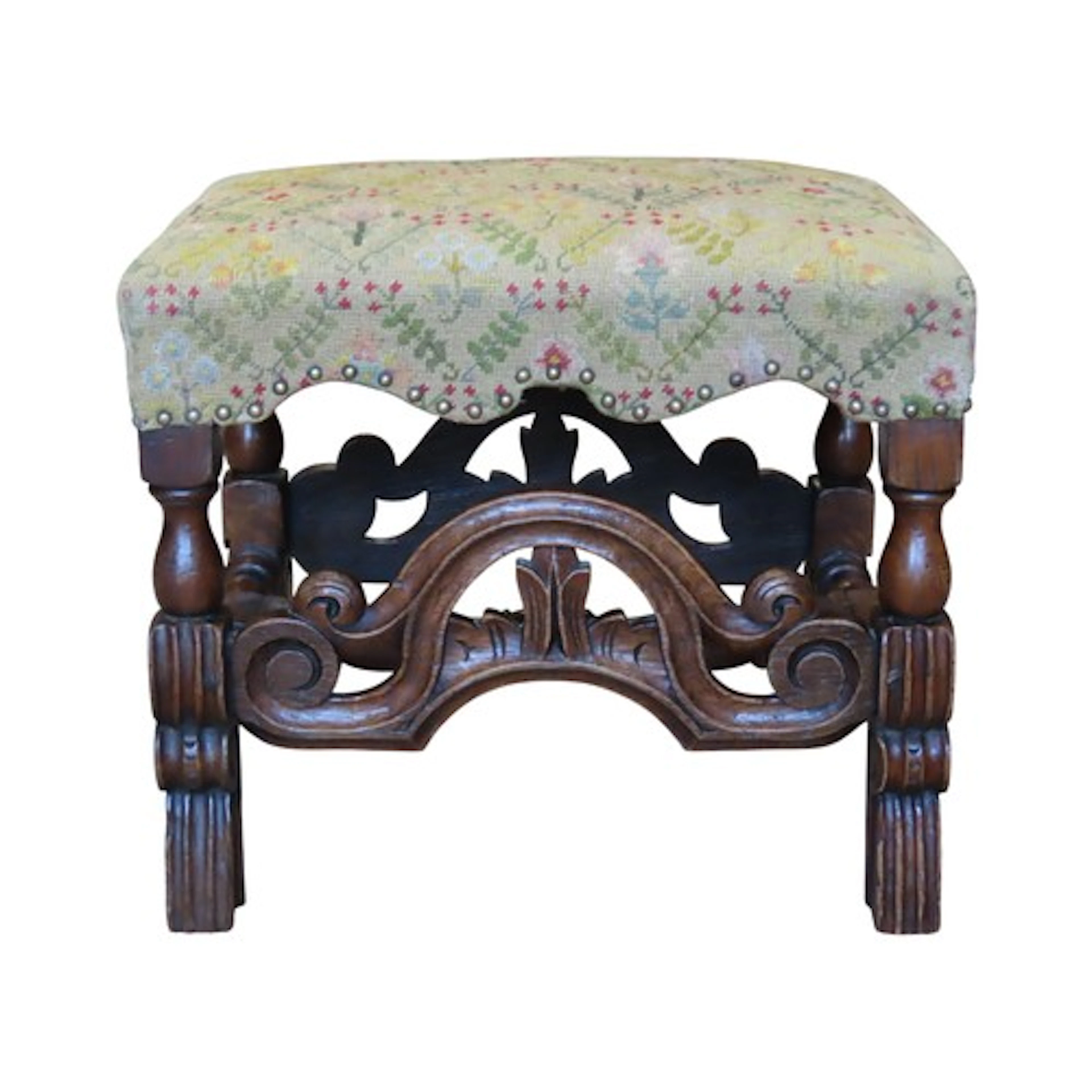 An antique oak stool in the Carolean style 40cm x 48cm x 38c...